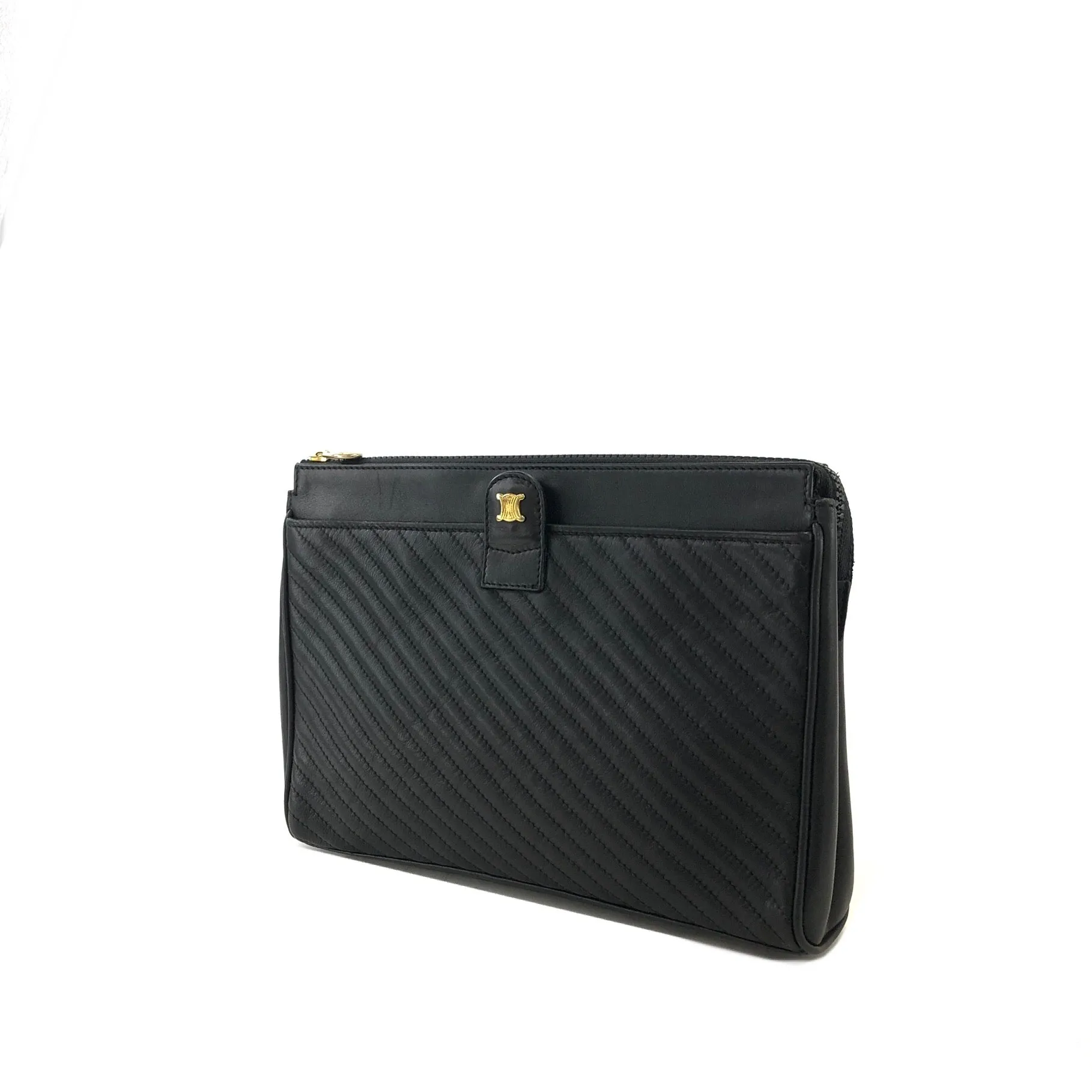 CELINE Blason Logo Leather Clutch bag Black Vintage pe27i6