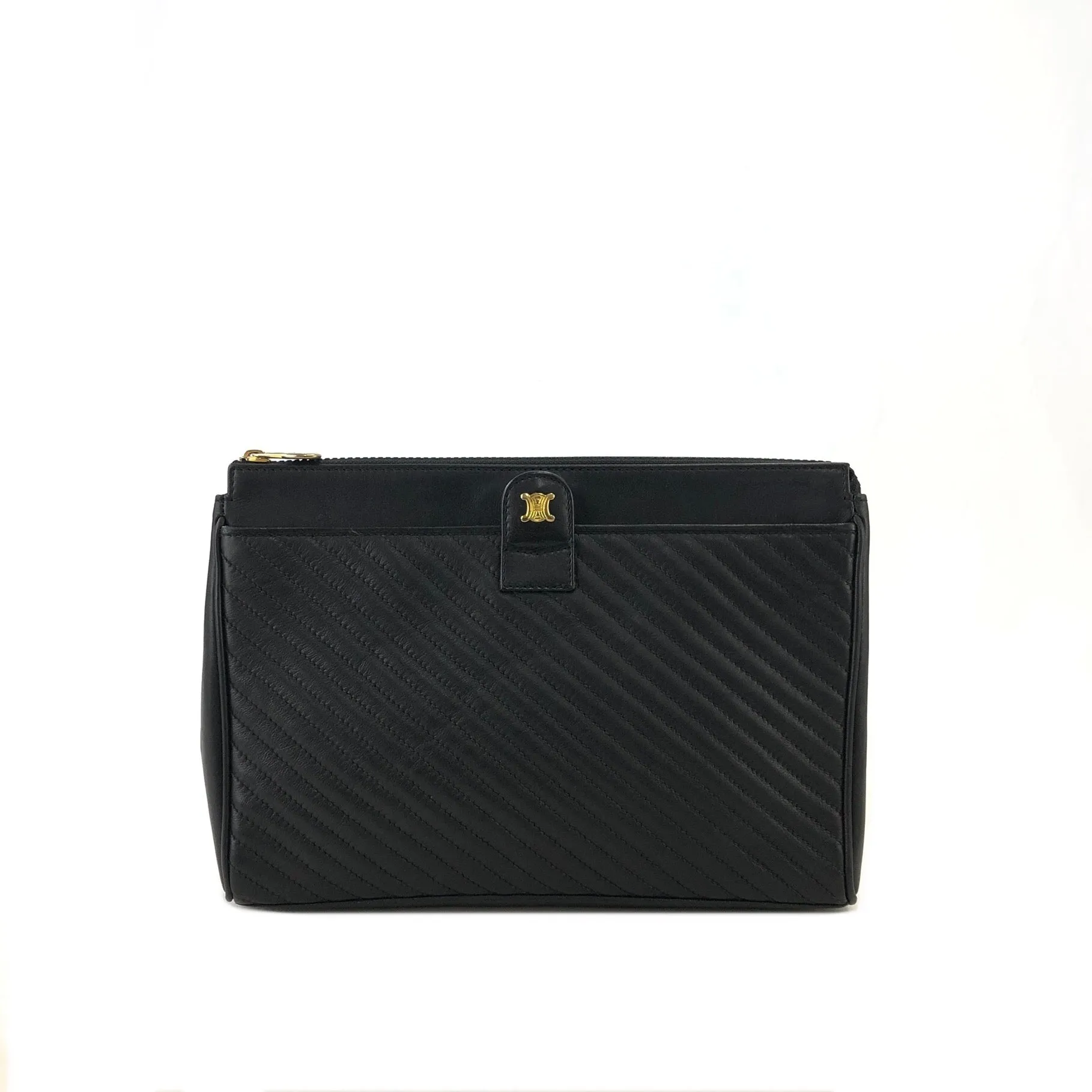 CELINE Blason Logo Leather Clutch bag Black Vintage pe27i6