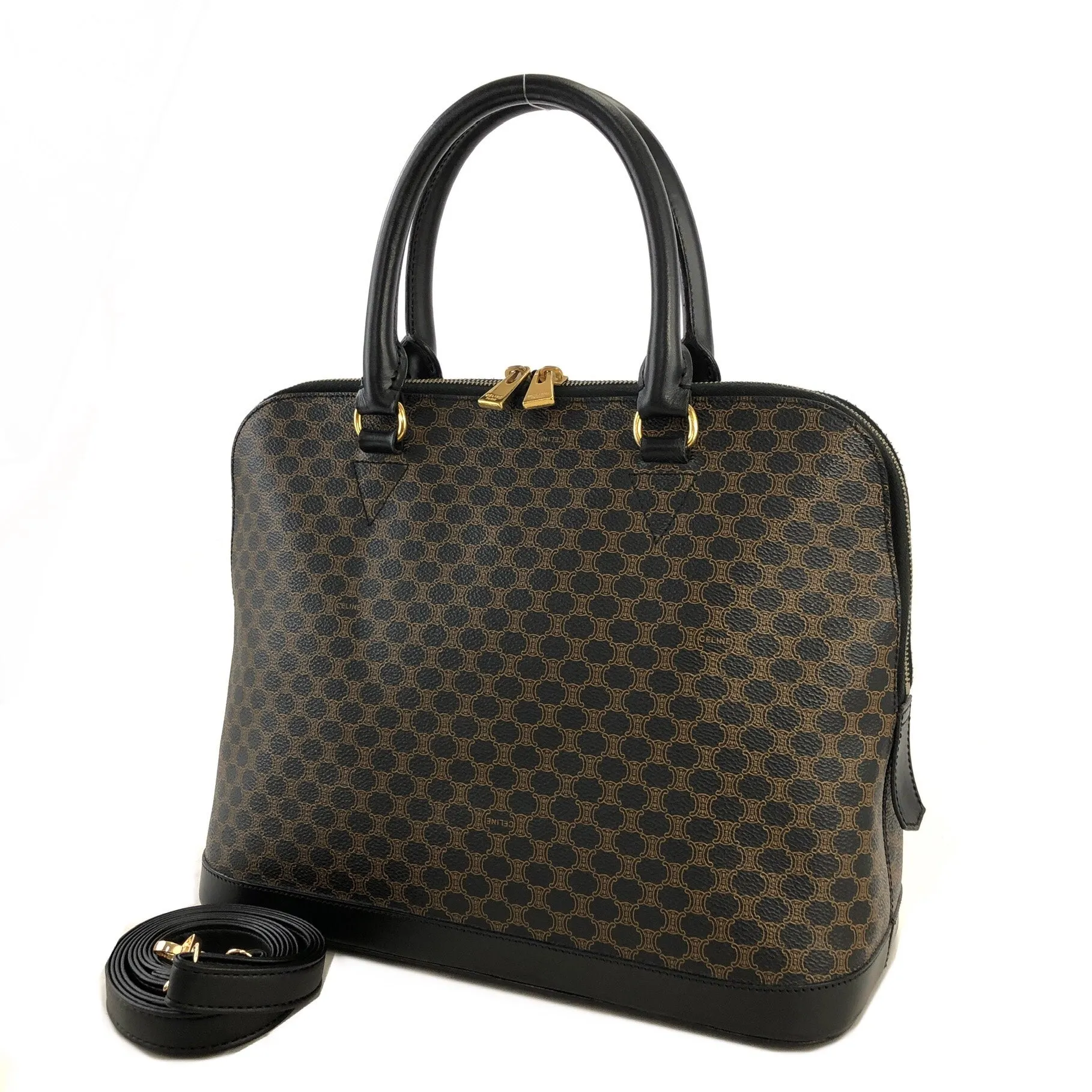 CELINE Macadam Bugatti Leather Two-way Handbag Shoulder bag Black Vintage 2wzg33