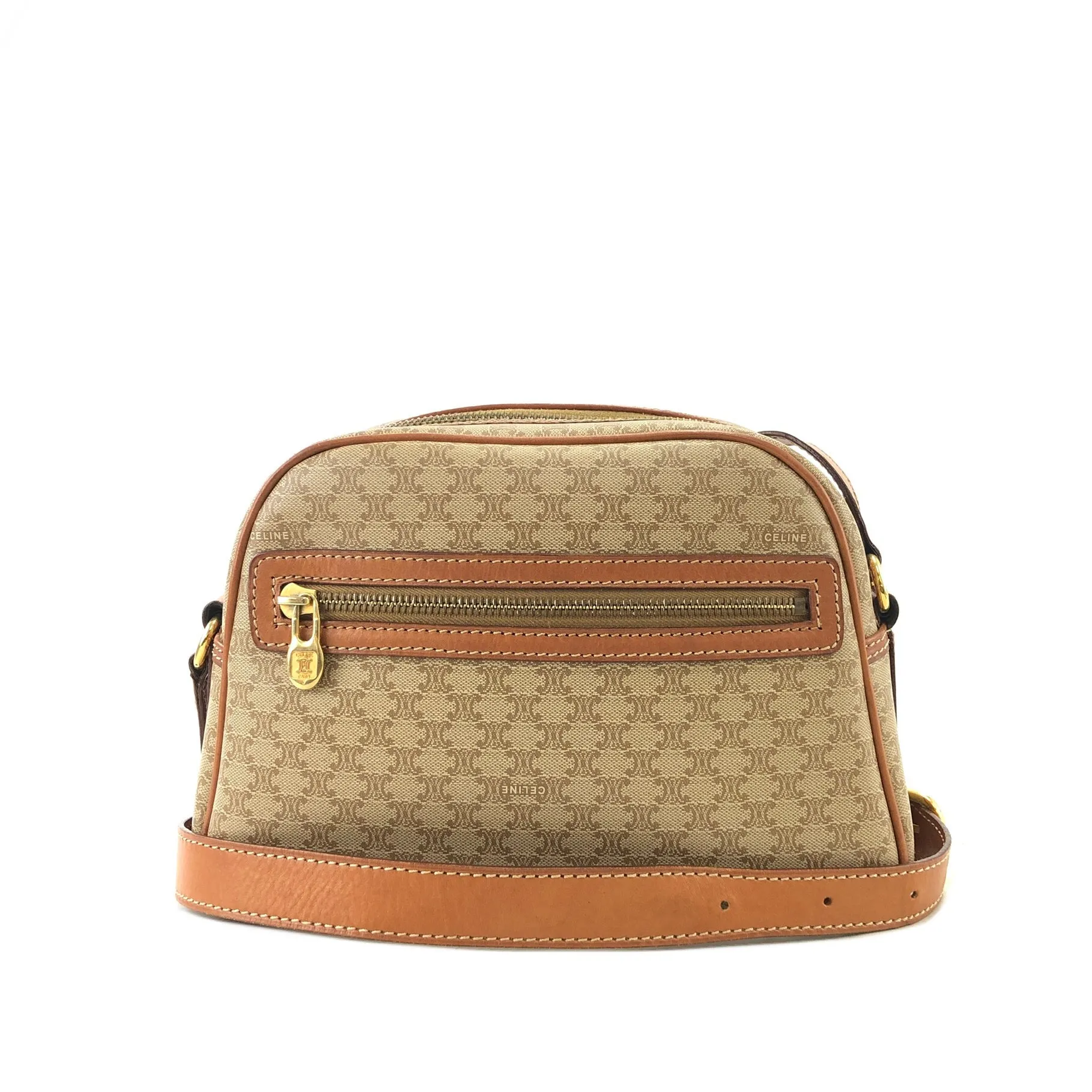 CELINE Macadam Front Zipper Shoulder bag Beige Vintage d4nhkn