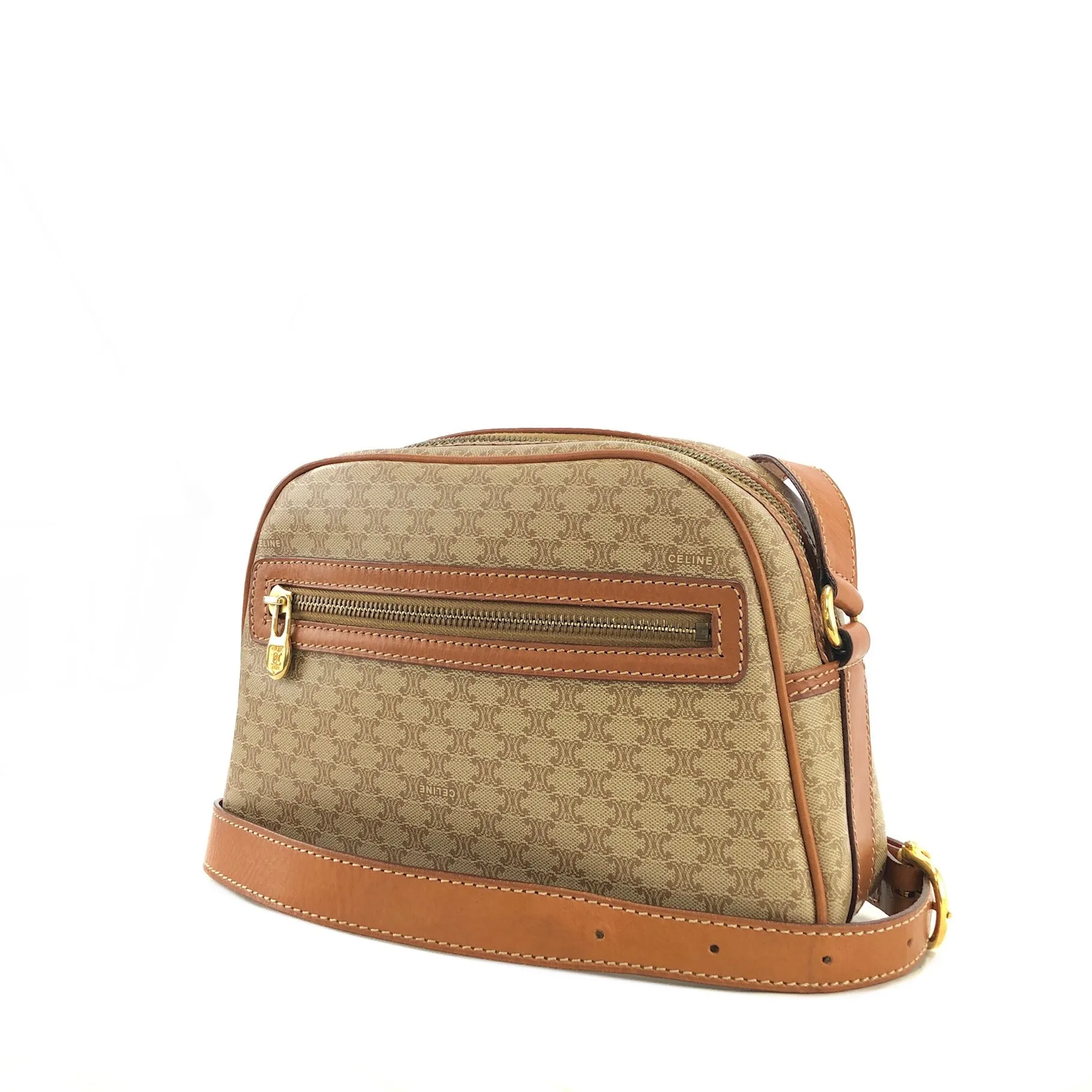 CELINE Macadam Front Zipper Shoulder bag Beige Vintage d4nhkn