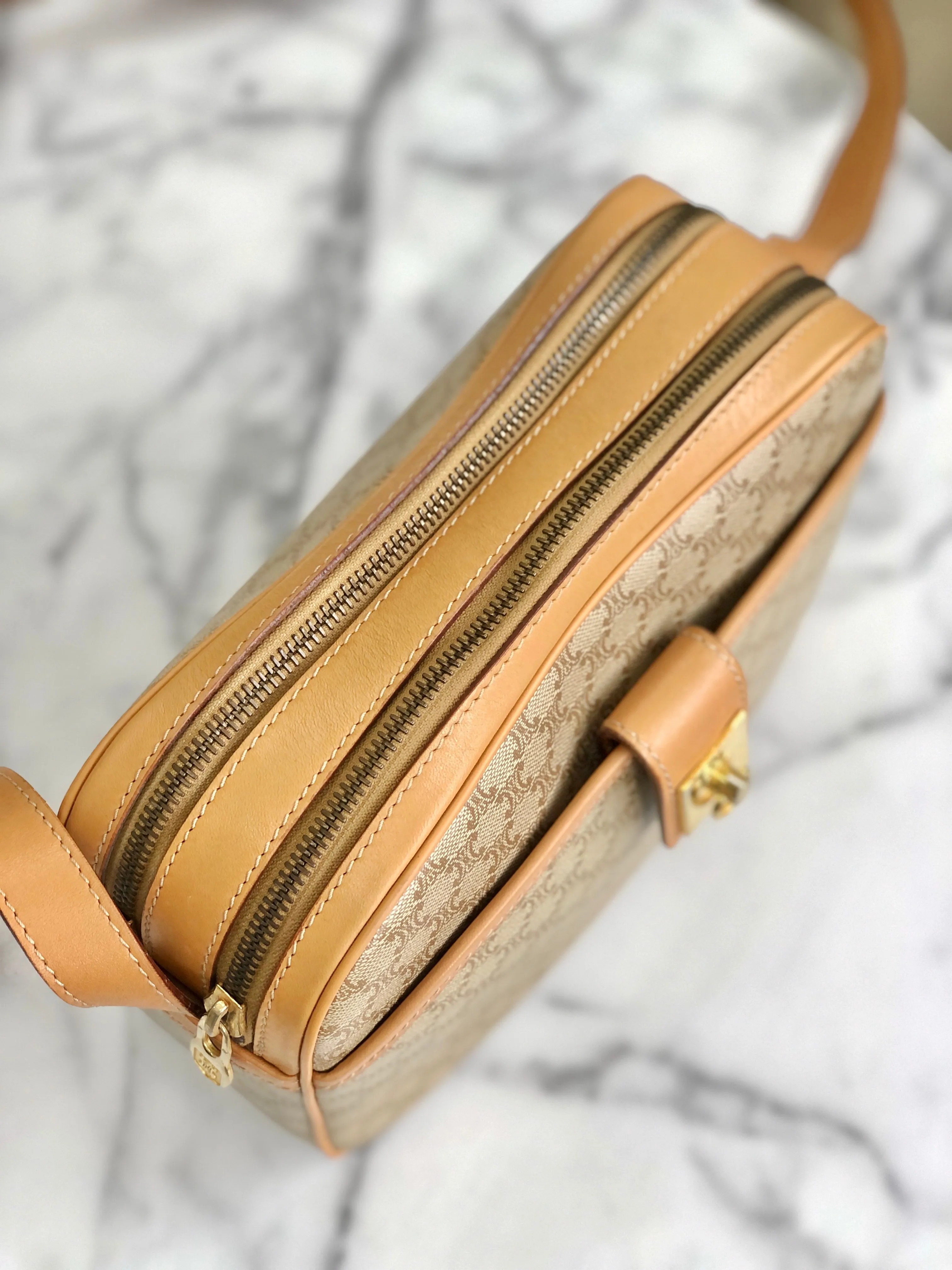 CELINE Macadam Gancini Double Zipper Shoulder bag Beige Vintage Old CELINE ka2sir