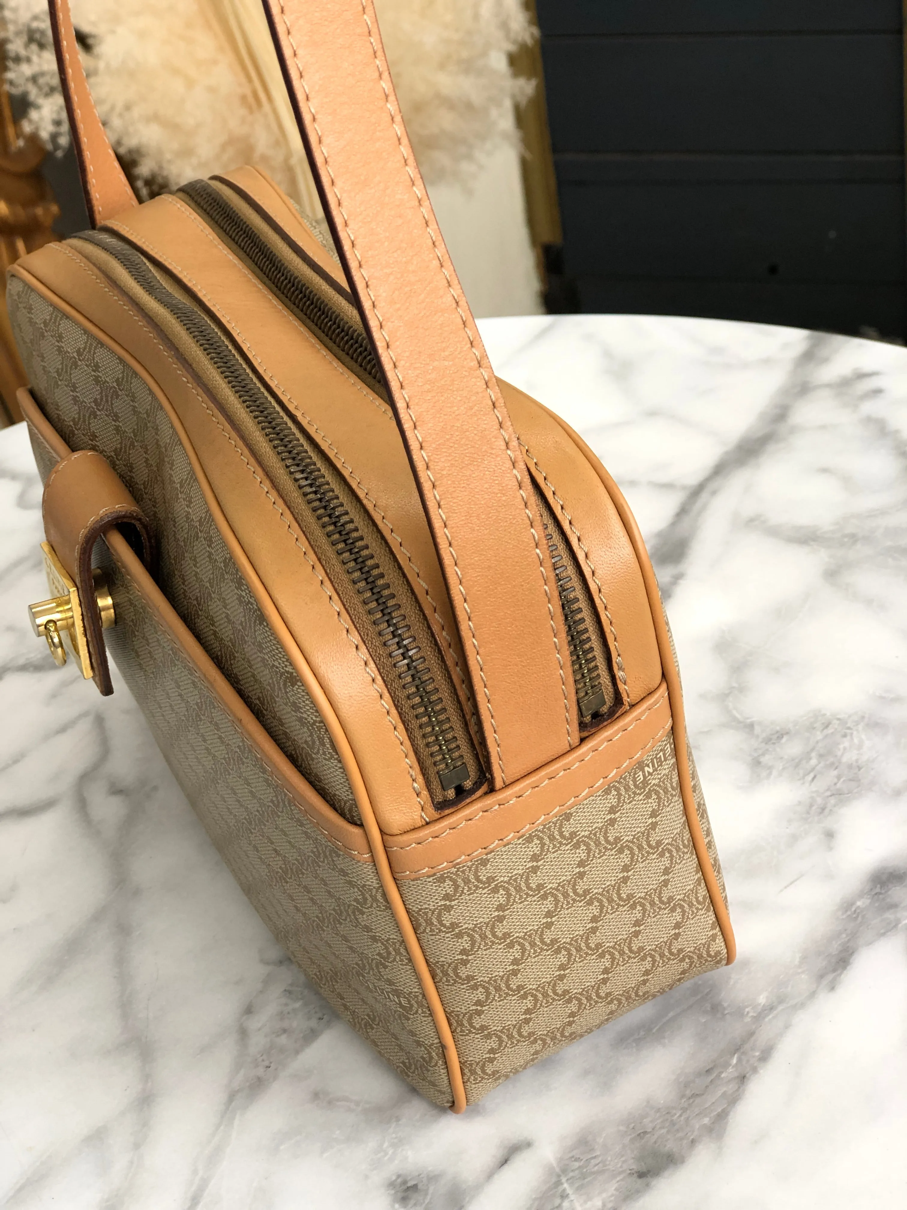 CELINE Macadam Gancini Double Zipper Shoulder bag Beige Vintage Old CELINE ka2sir