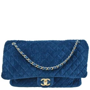 CHANEL Airlines CC XXL Flap Quilted Velvet Shoulder Bag Blue