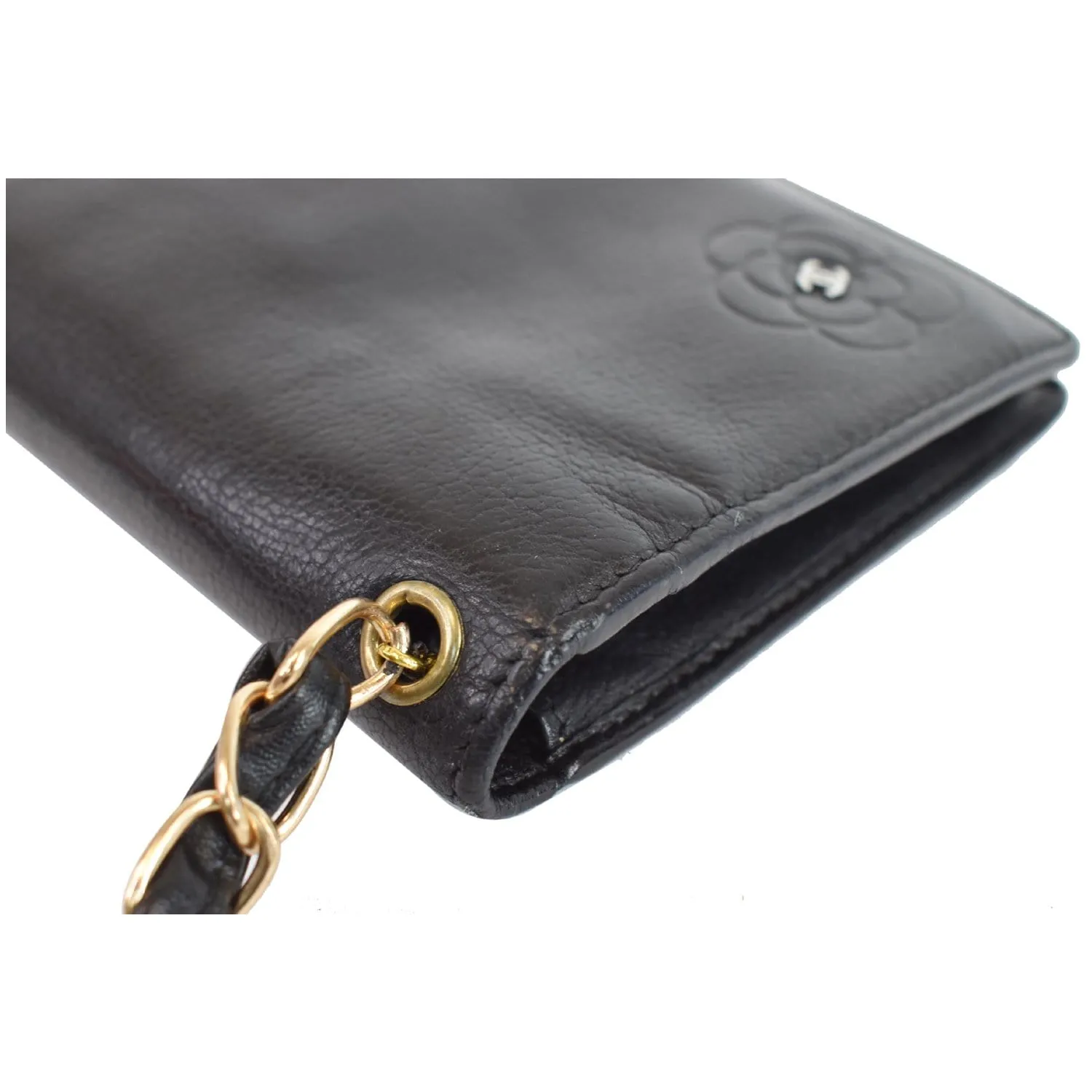 CHANEL Camellia Leather Wallet on Chain Shoulder Bag Black