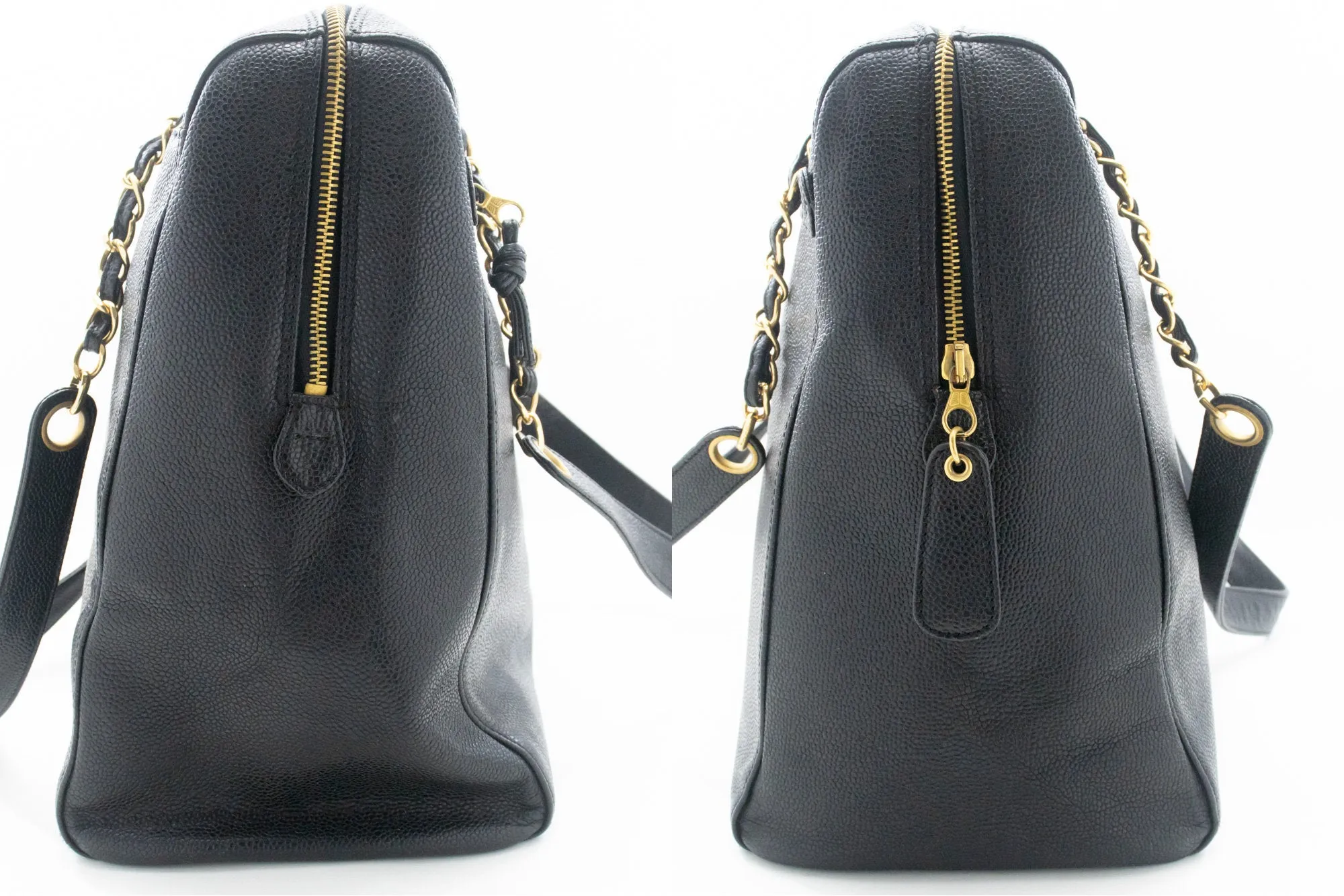 CHANEL Caviar Big Large Chain Shoulder Bag Black Leather Gold Zip d73