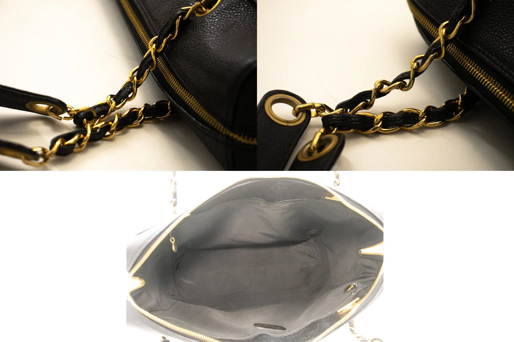 CHANEL Caviar Big Large Chain Shoulder Bag Black Leather Gold Zip d73