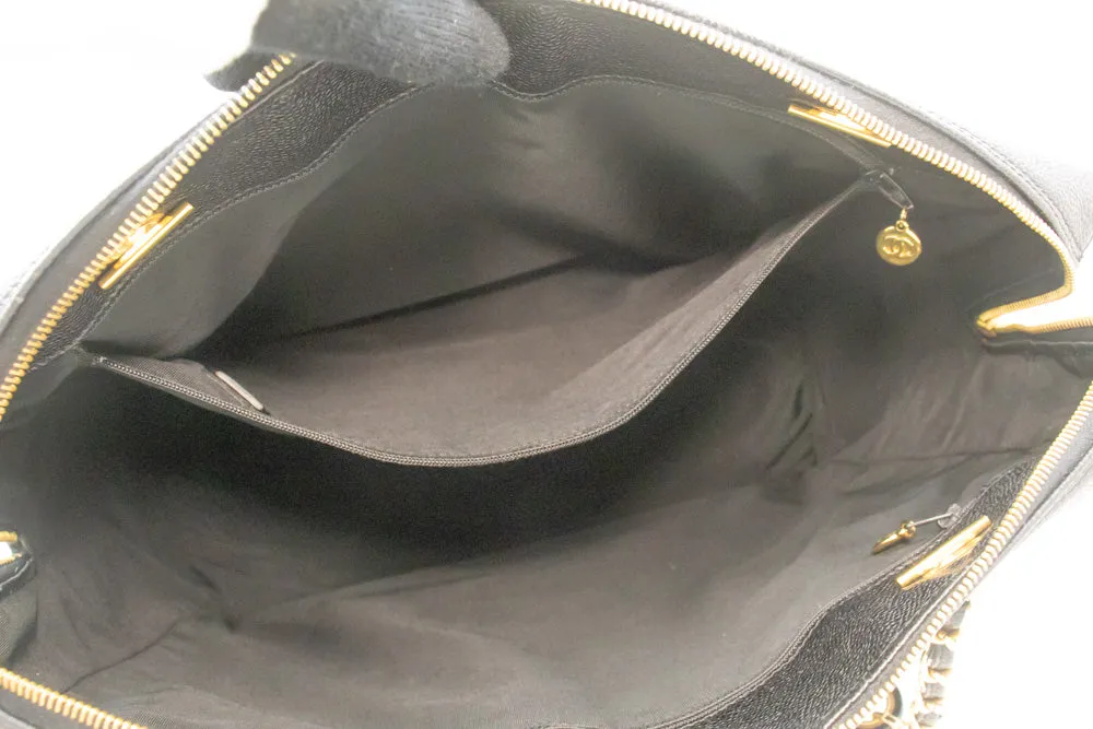 CHANEL Caviar Big Large Chain Shoulder Bag Black Leather Gold Zip d73