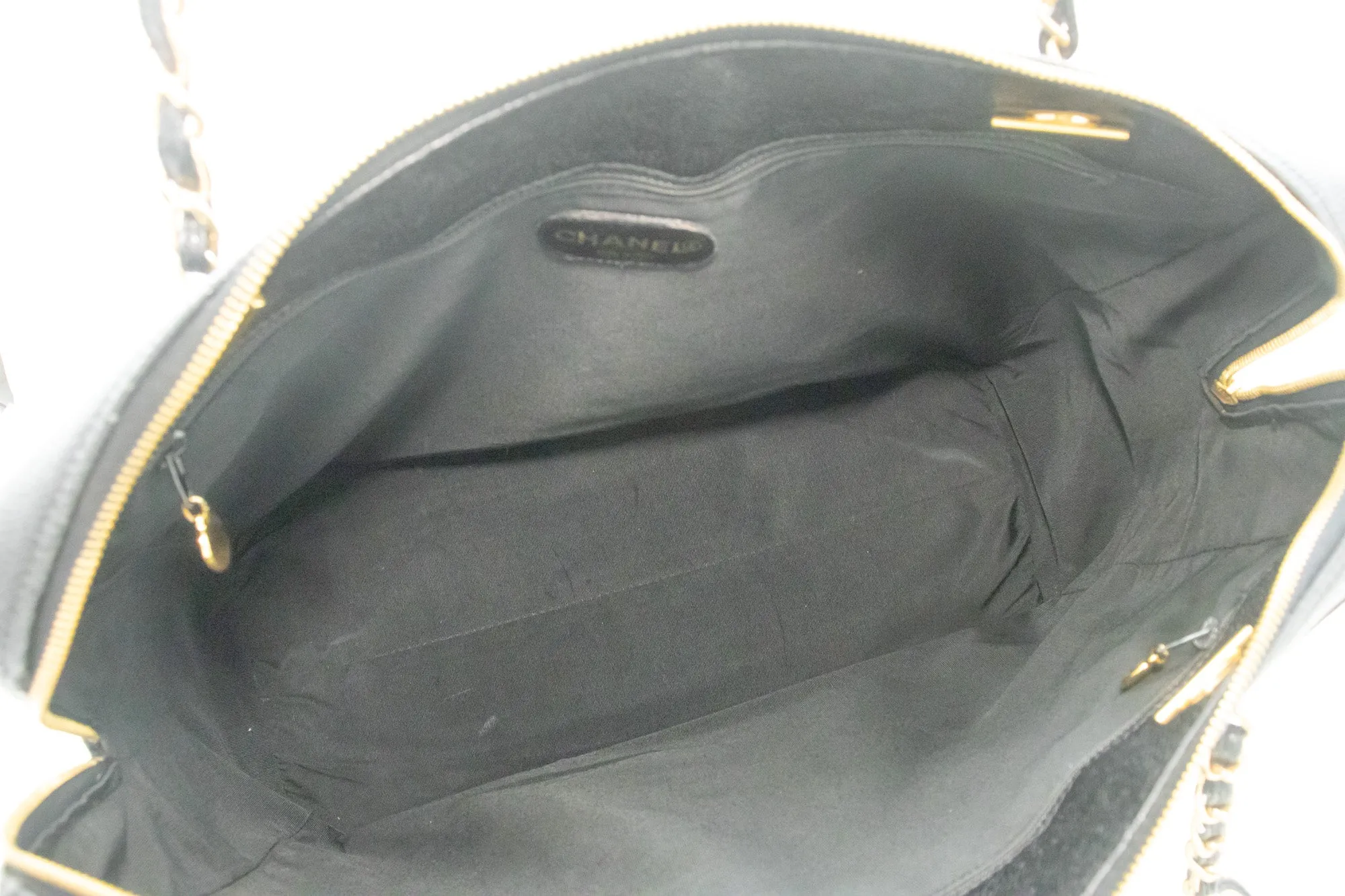 CHANEL Caviar Big Large Chain Shoulder Bag Black Leather Gold Zip d73