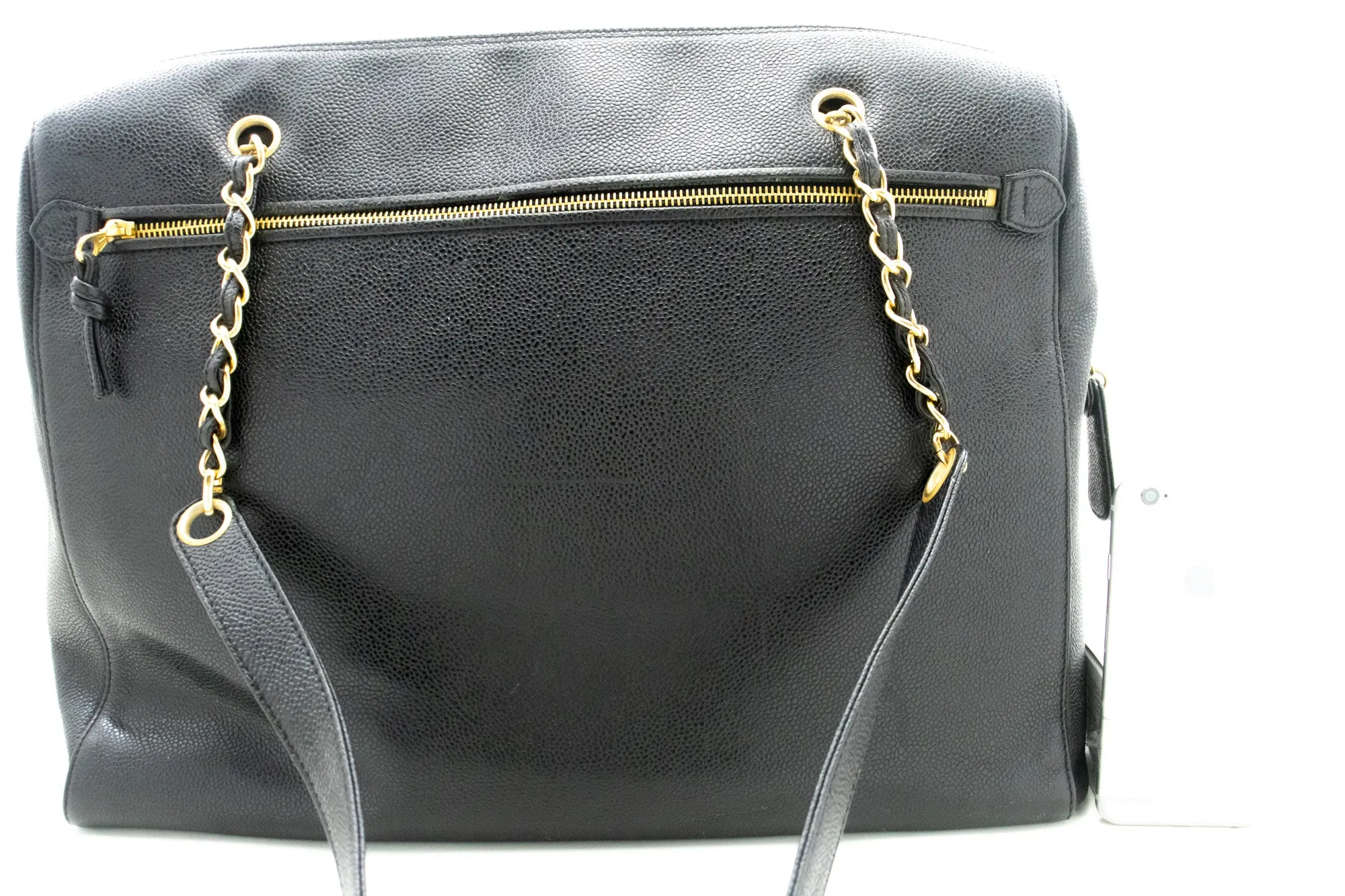 CHANEL Caviar Big Large Chain Shoulder Bag Black Leather Gold Zip d73