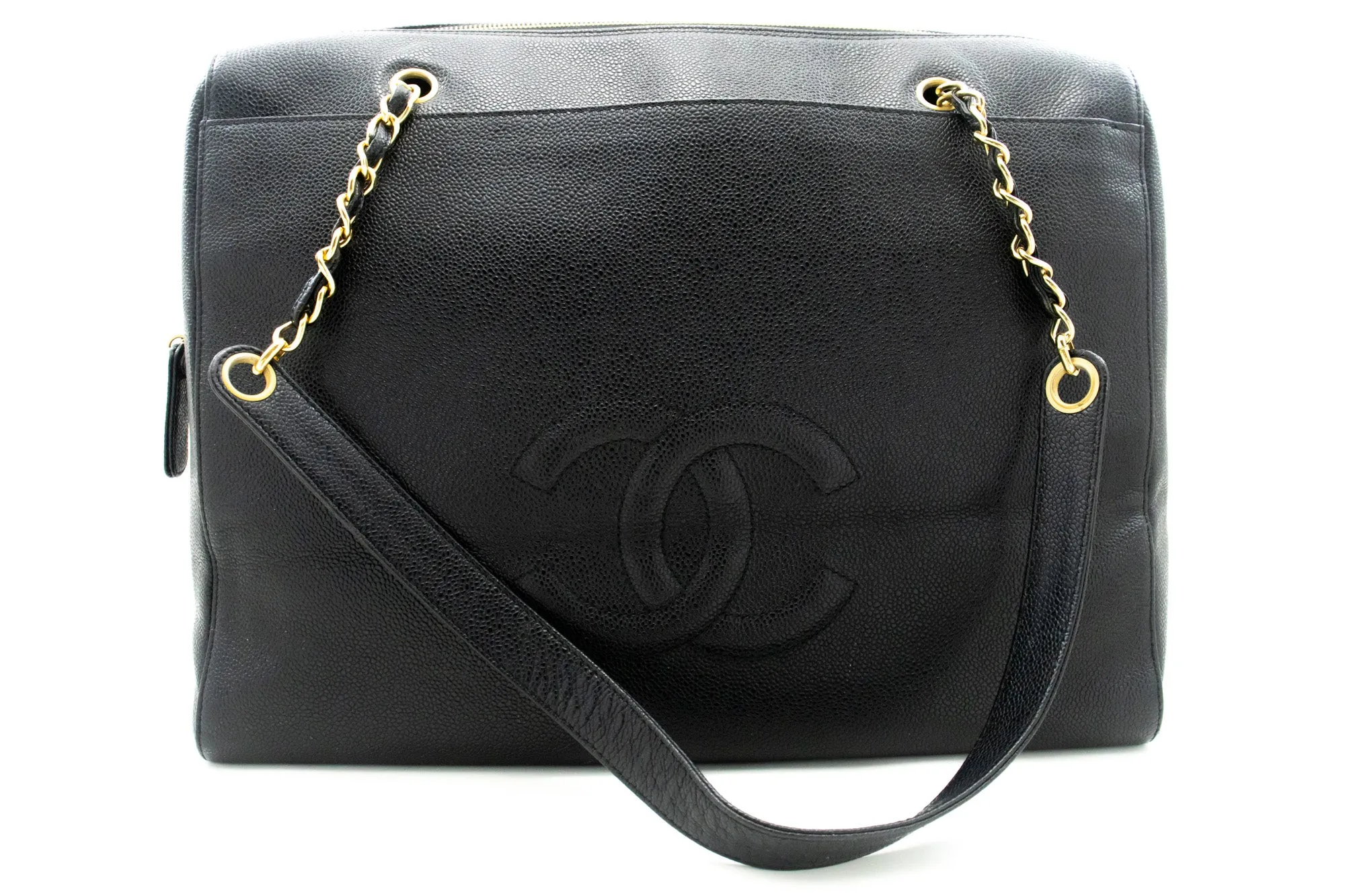 CHANEL Caviar Big Large Chain Shoulder Bag Black Leather Gold Zip d73
