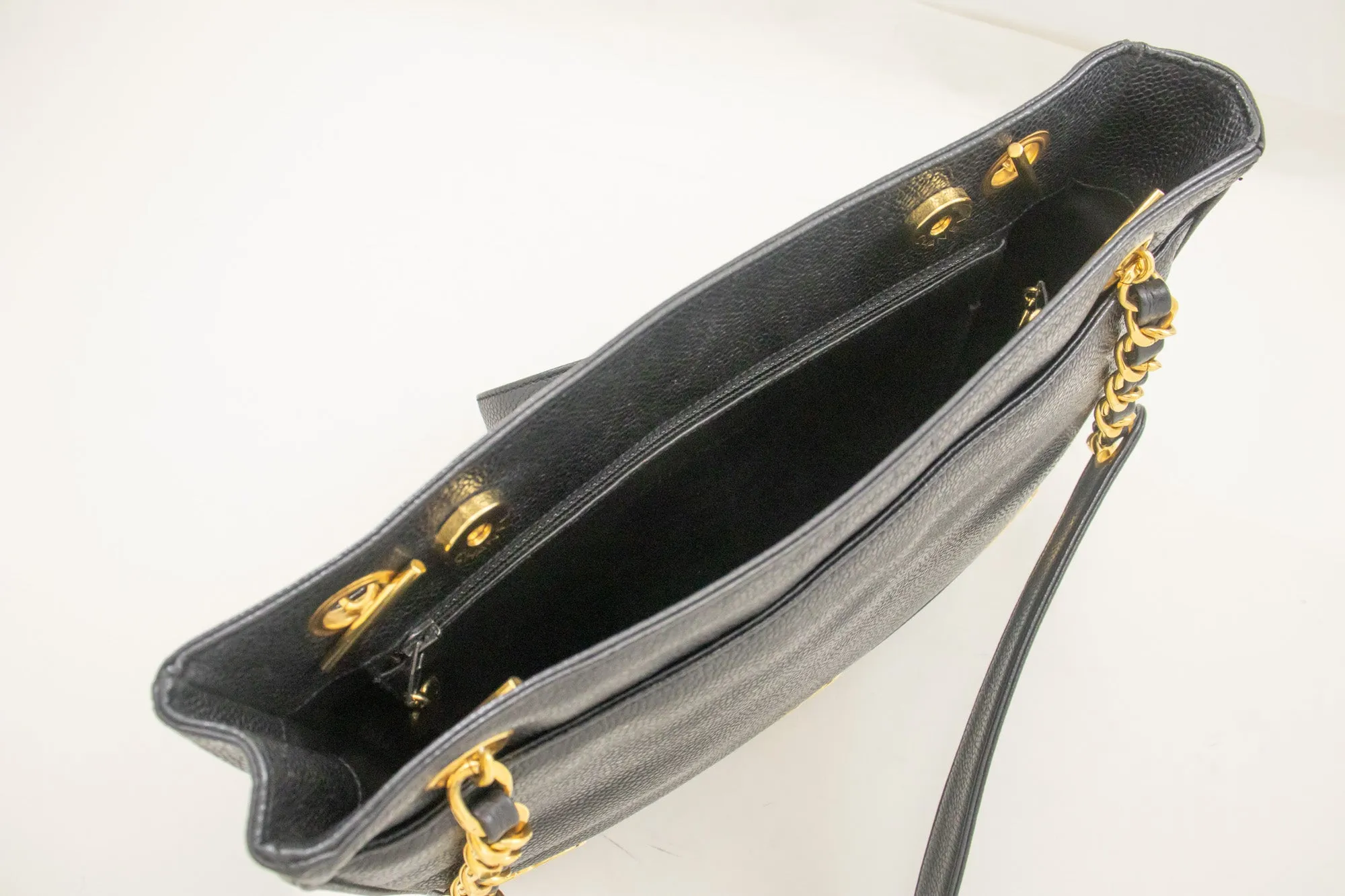 CHANEL Caviar Triple Coco Chain Shoulder Bag Black Leather Gold m25