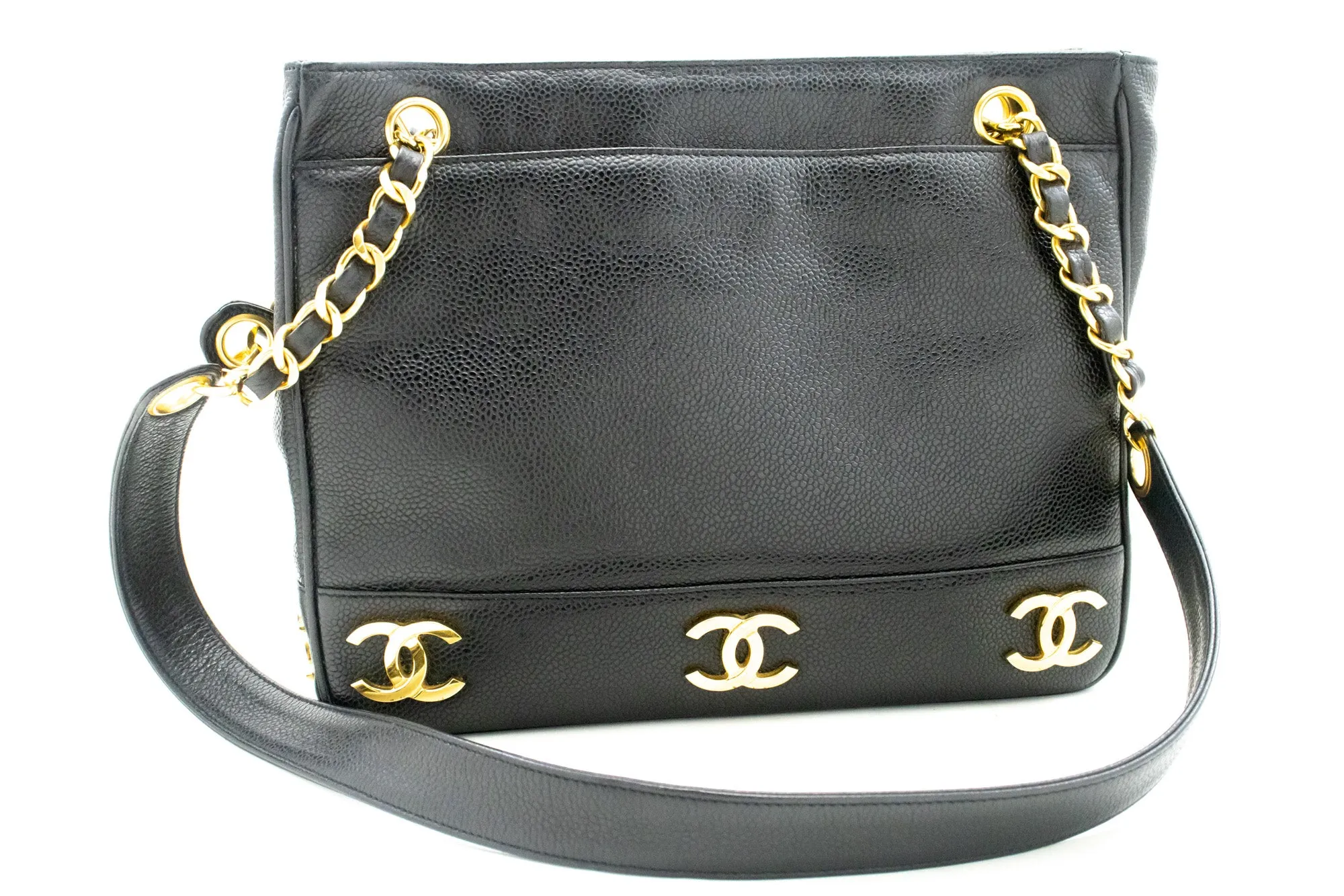CHANEL Caviar Triple Coco Chain Shoulder Bag Black Leather Gold m25