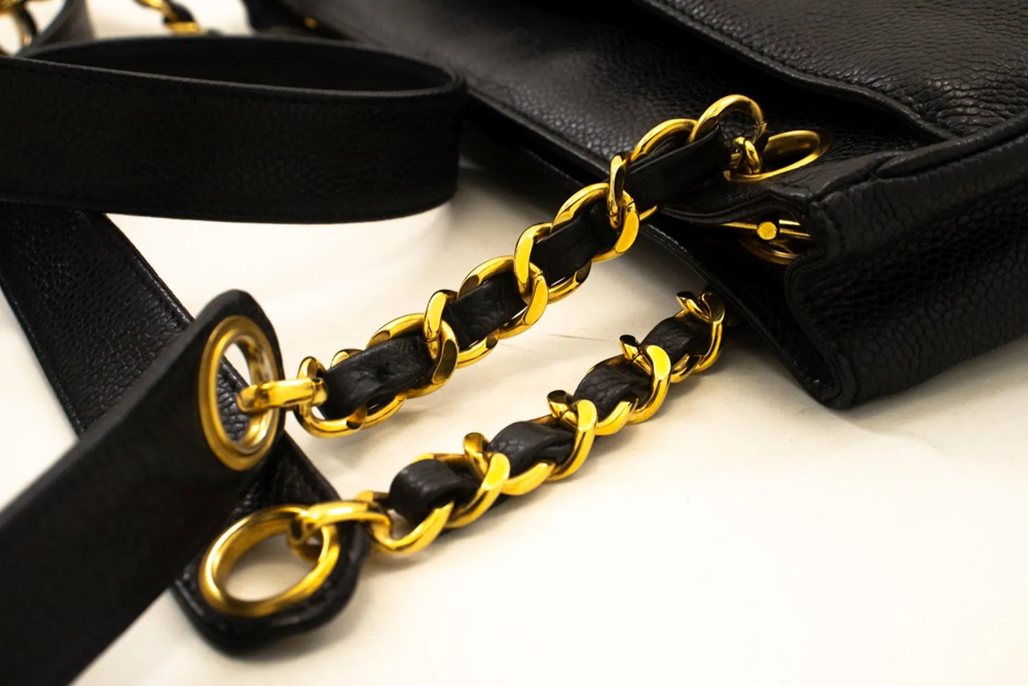 CHANEL Caviar Triple Coco Chain Shoulder Bag Black Leather Gold m25