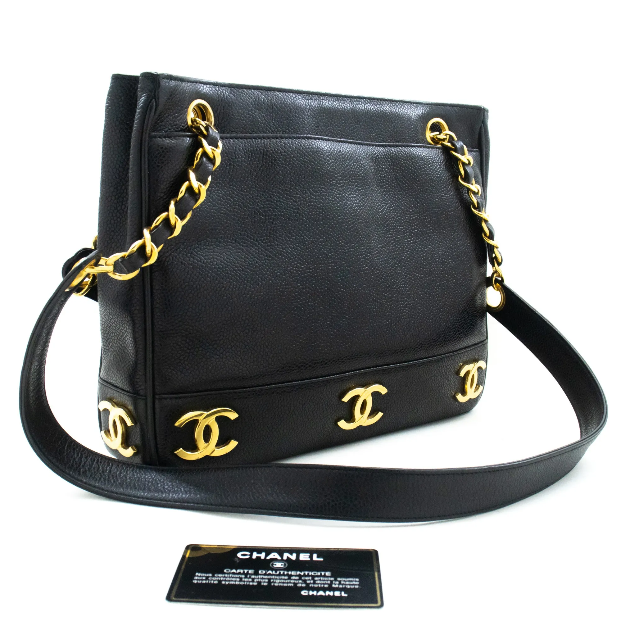 CHANEL Caviar Triple Coco Chain Shoulder Bag Black Leather Gold m25