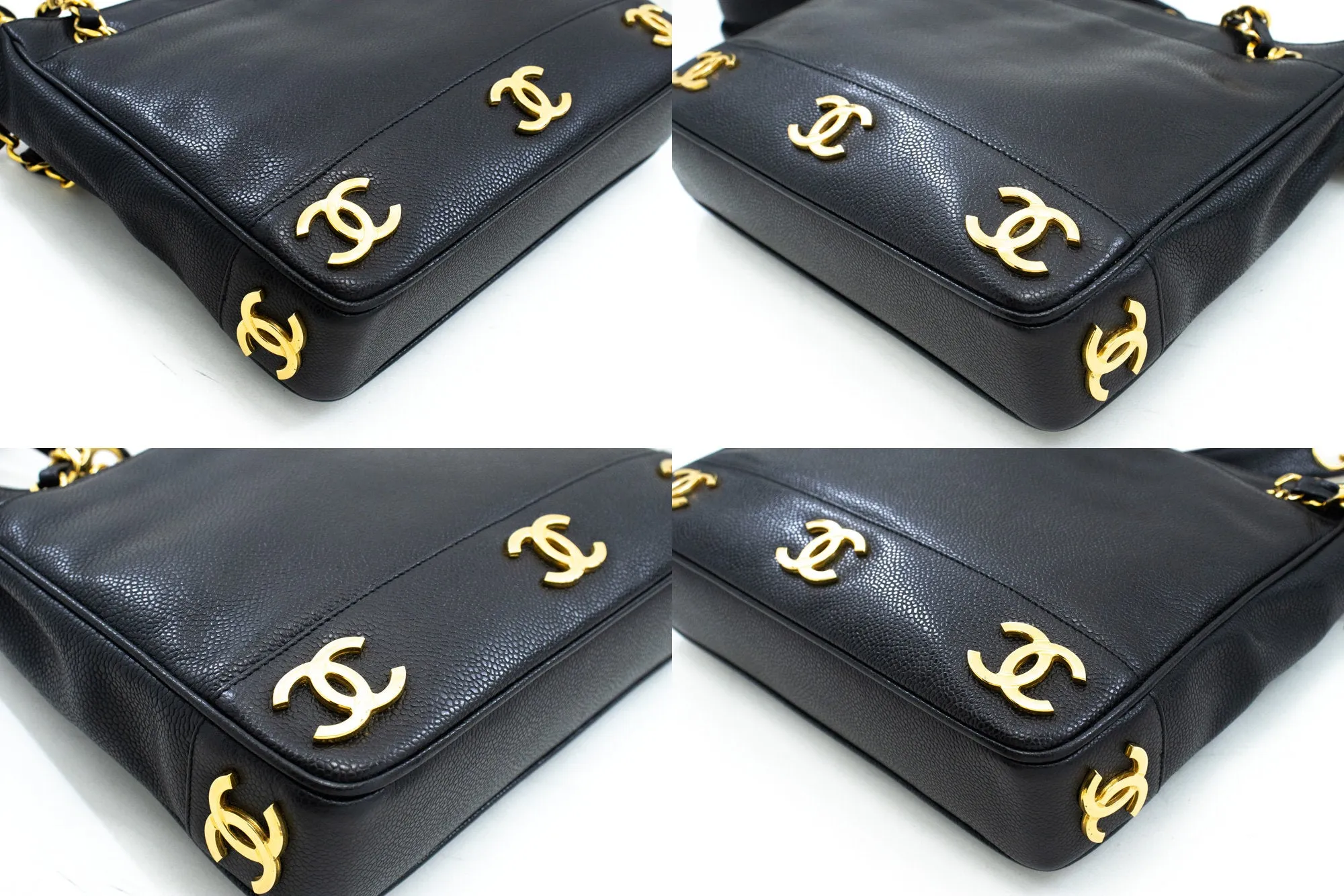 CHANEL Caviar Triple Coco Chain Shoulder Bag Black Leather Gold m25