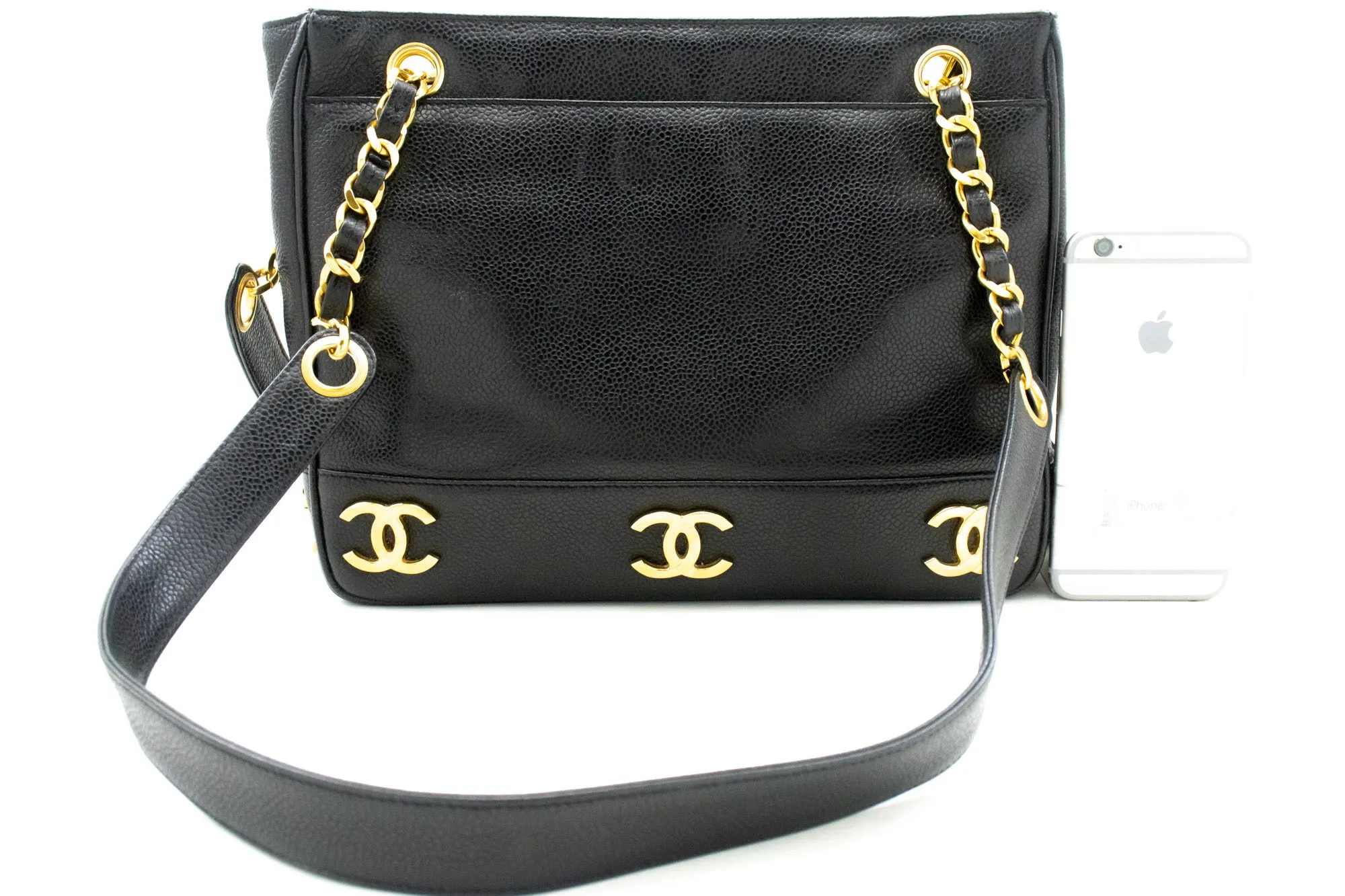 CHANEL Caviar Triple Coco Chain Shoulder Bag Black Leather Gold m25