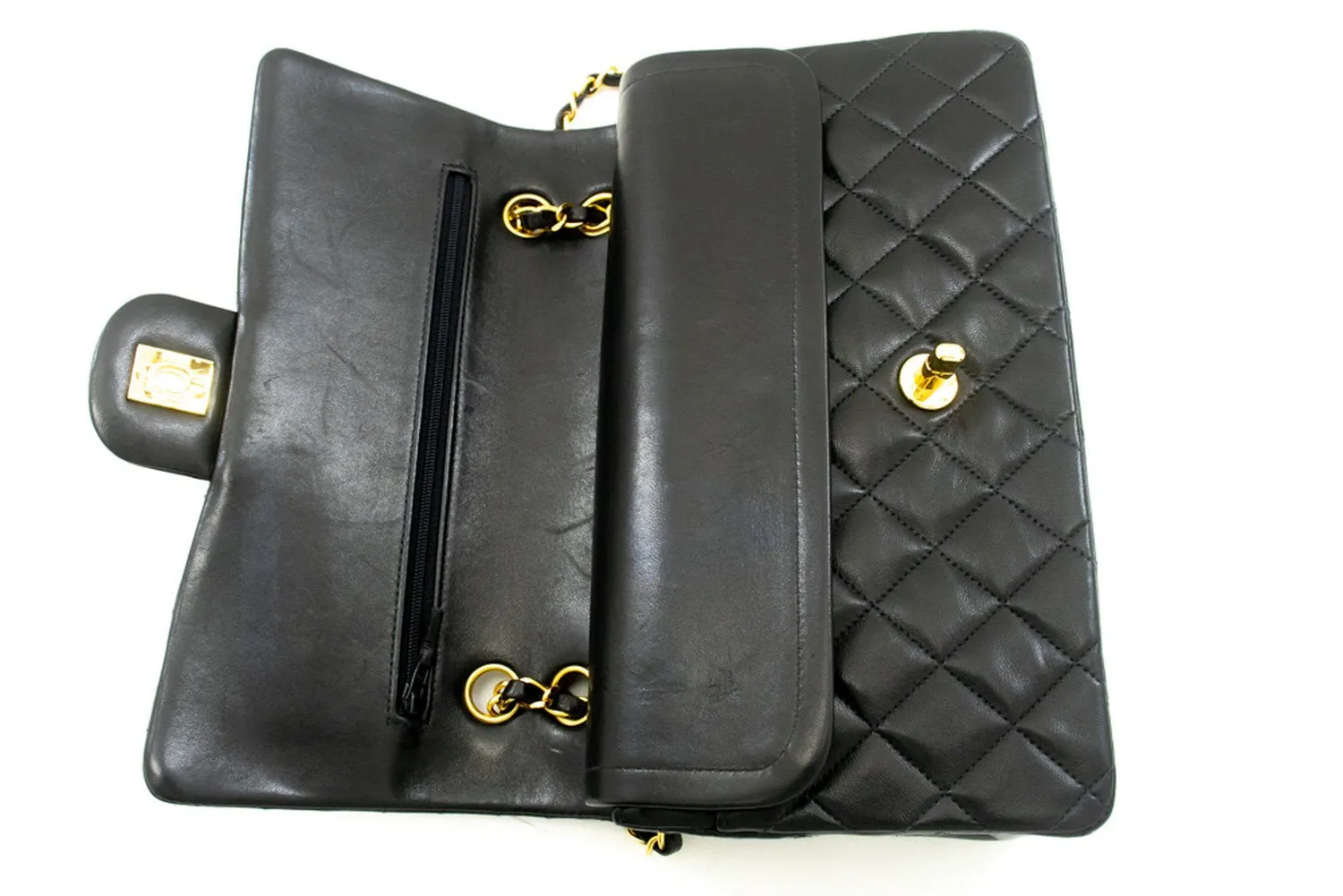 CHANEL Classic Double Flap 10" Chain Shoulder Bag Black Lambskin m24