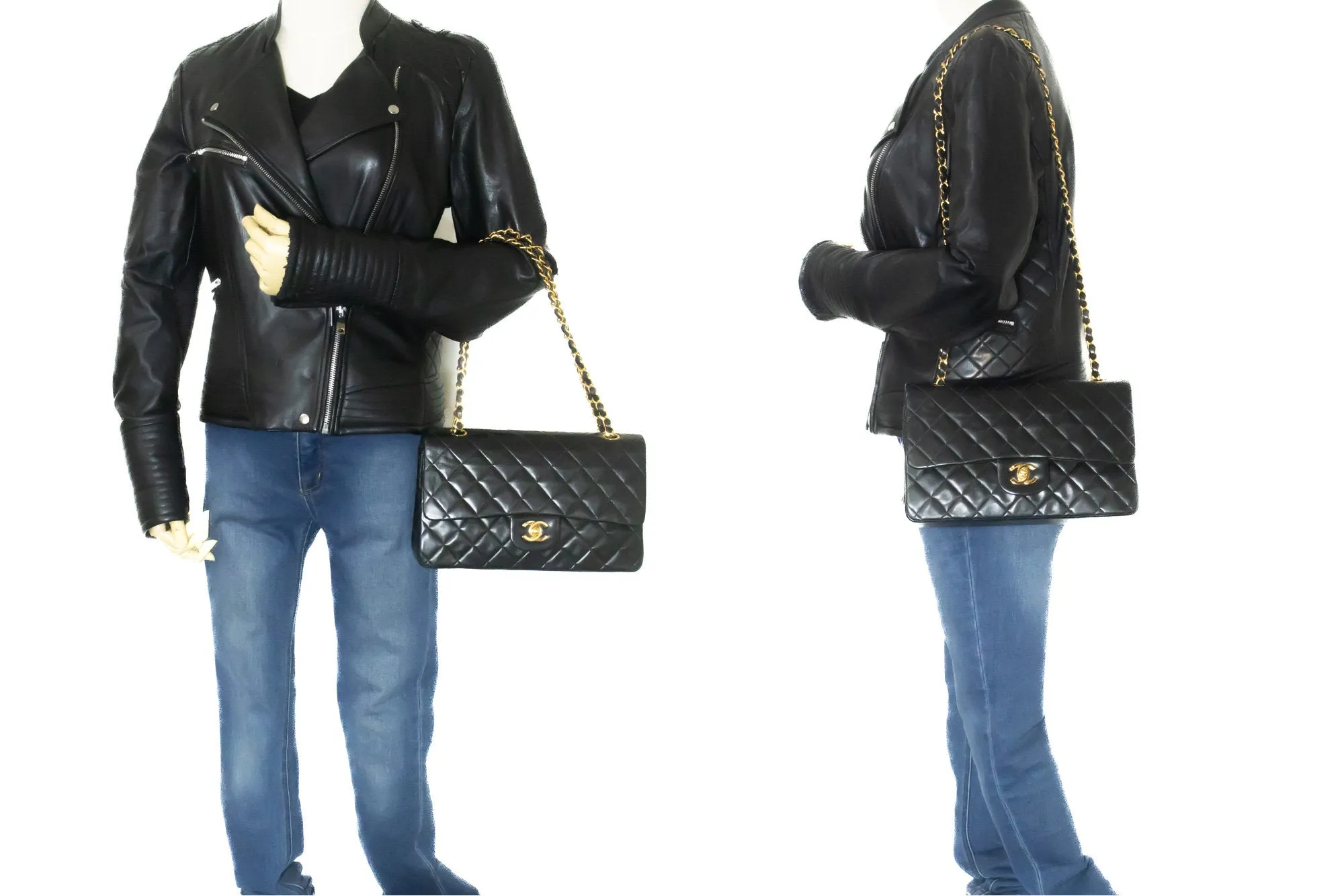 CHANEL Classic Double Flap 10" Chain Shoulder Bag Black Lambskin m24