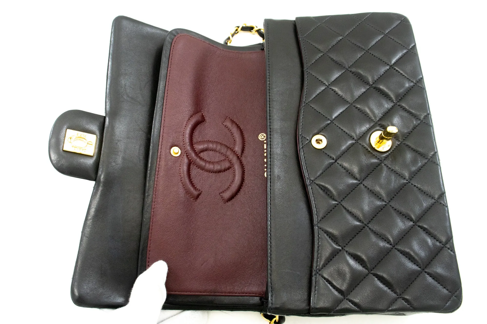 CHANEL Classic Double Flap 10" Chain Shoulder Bag Black Lambskin m24