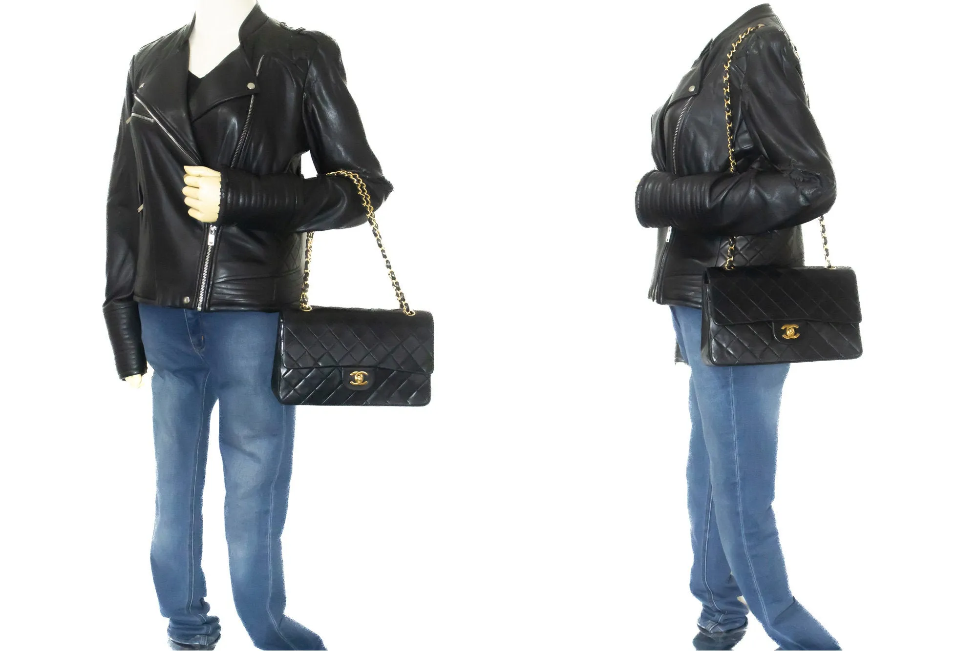 CHANEL Classic Double Flap 10" Chain Shoulder Bag Black Lambskin n98