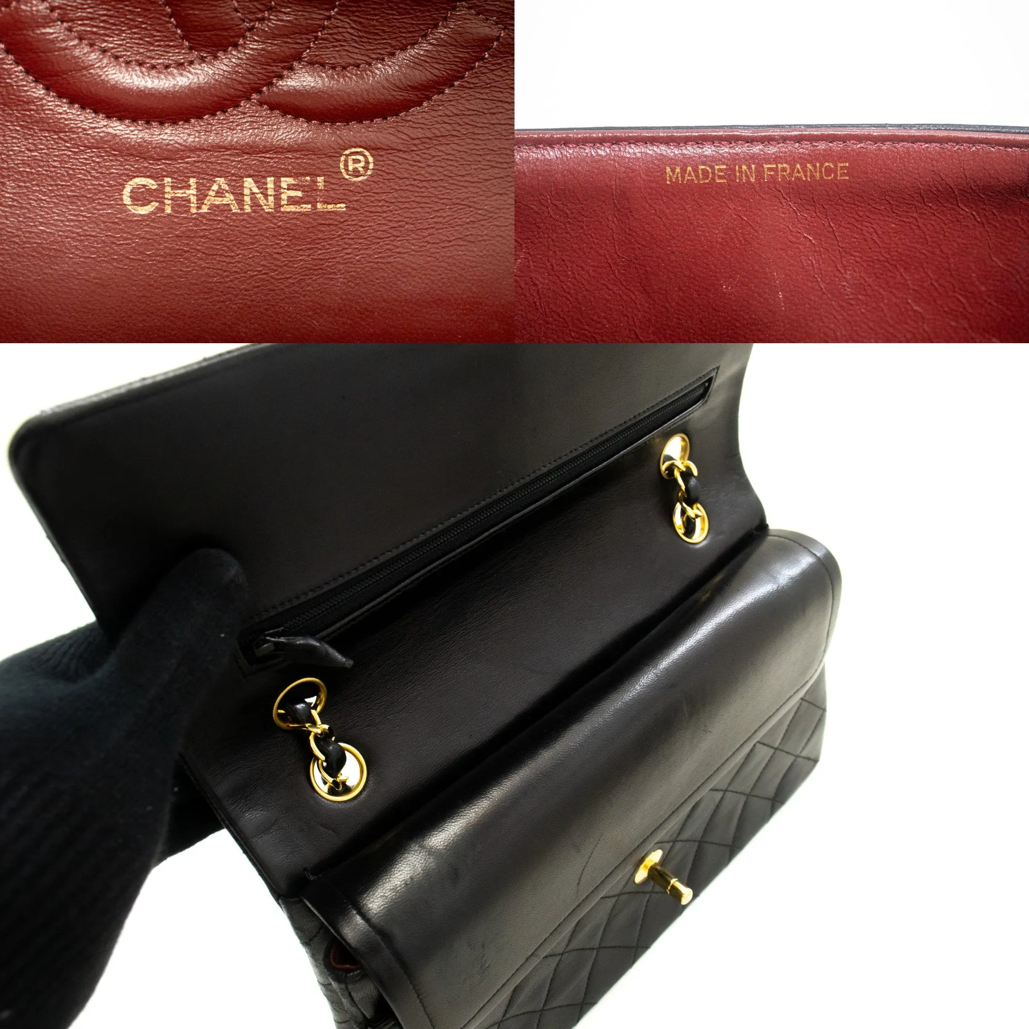 CHANEL Classic Double Flap 10" Chain Shoulder Bag Black Lambskin n98