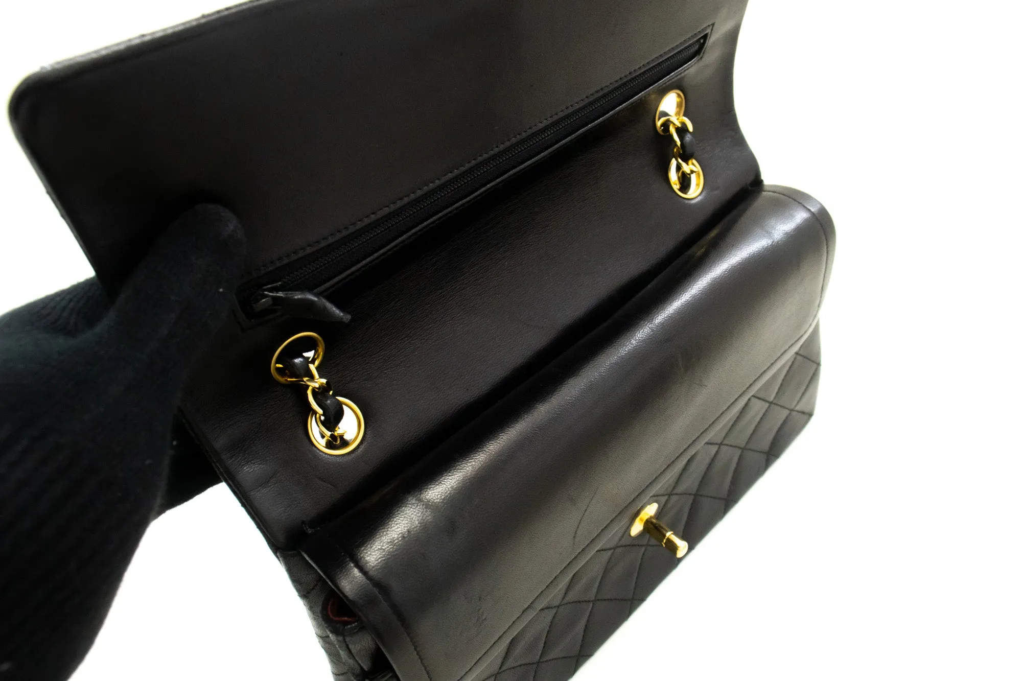 CHANEL Classic Double Flap 10" Chain Shoulder Bag Black Lambskin n98