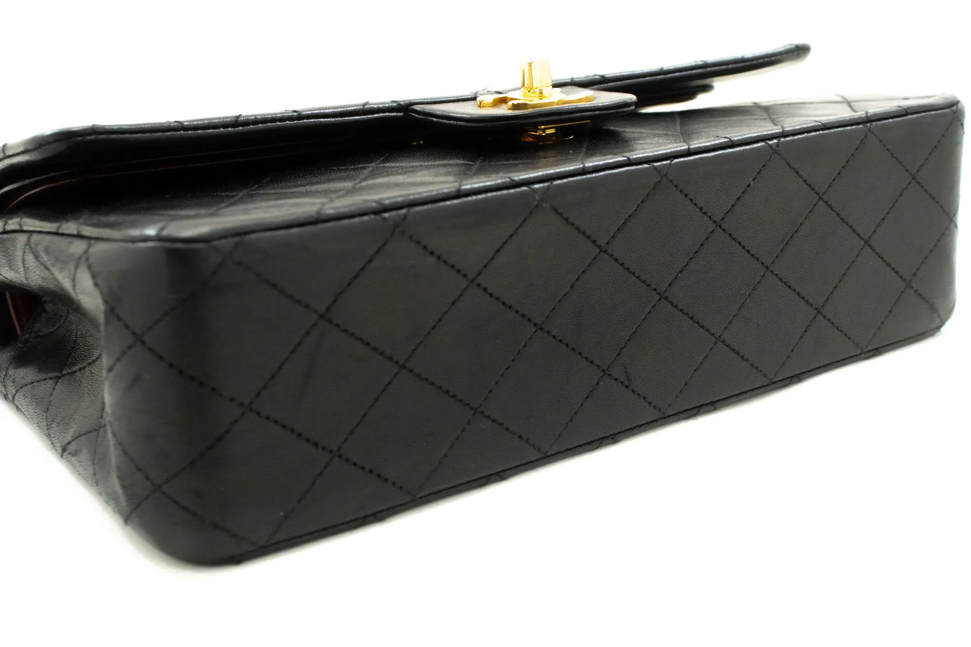 CHANEL Classic Double Flap 10" Chain Shoulder Bag Black Lambskin n98