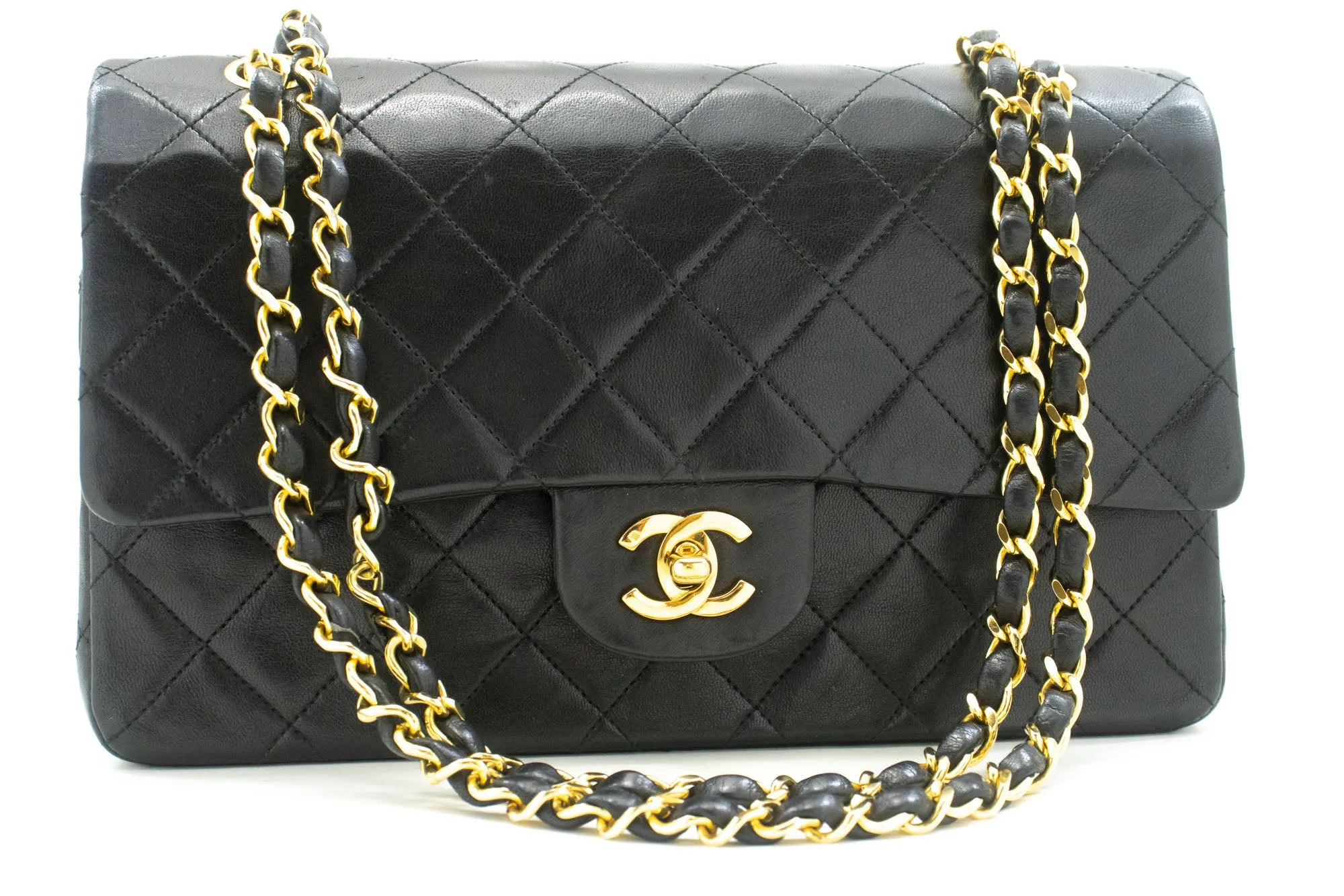 CHANEL Classic Double Flap 10" Chain Shoulder Bag Black Lambskin n98