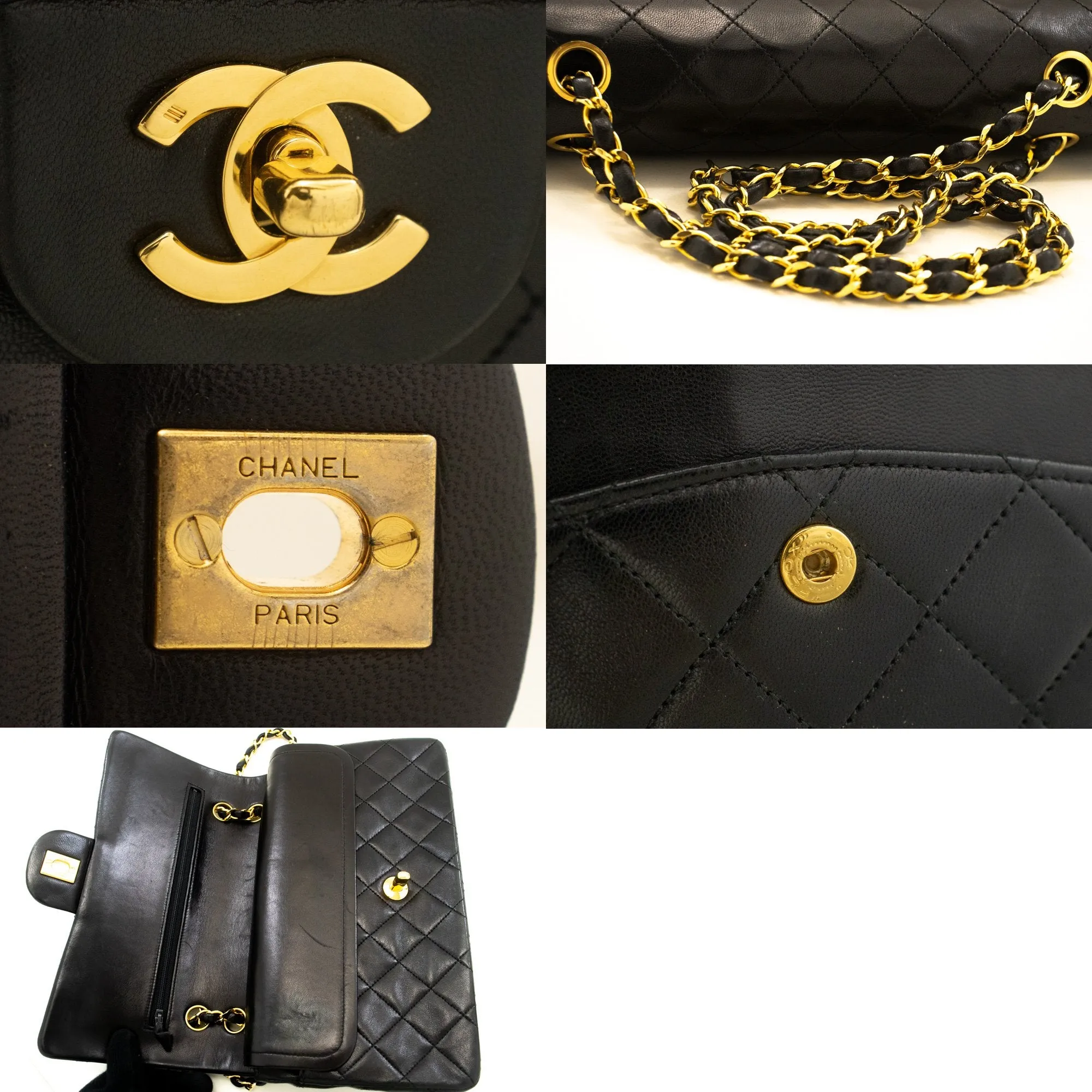 CHANEL Classic Double Flap 10" Chain Shoulder Bag Black Lambskin n98