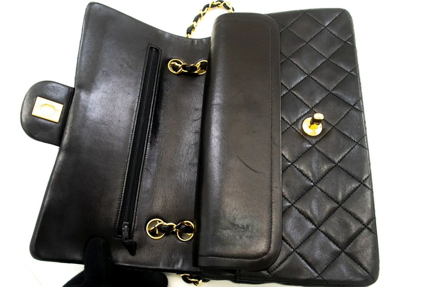 CHANEL Classic Double Flap 10" Chain Shoulder Bag Black Lambskin n98