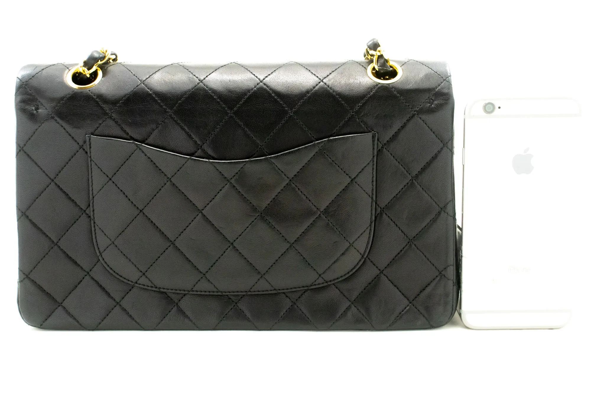 CHANEL Classic Double Flap 10" Chain Shoulder Bag Black Lambskin n98