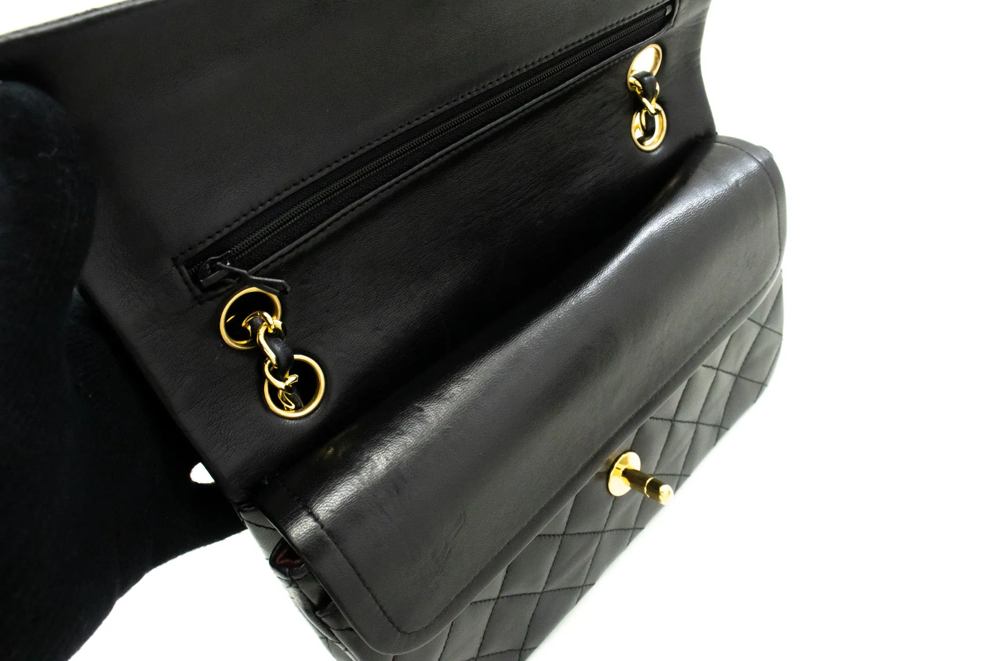CHANEL Classic Double Flap 9" Chain Shoulder Bag Black Lambskin m85