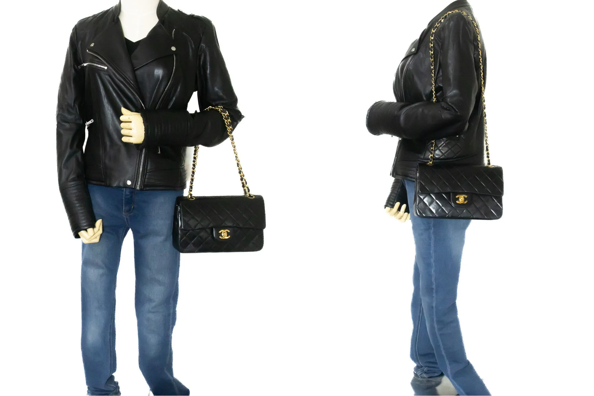 CHANEL Classic Double Flap 9" Chain Shoulder Bag Black Lambskin m85