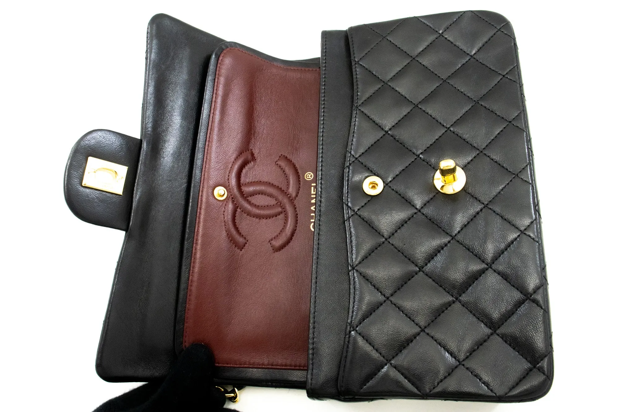 CHANEL Classic Double Flap 9" Chain Shoulder Bag Black Lambskin m85