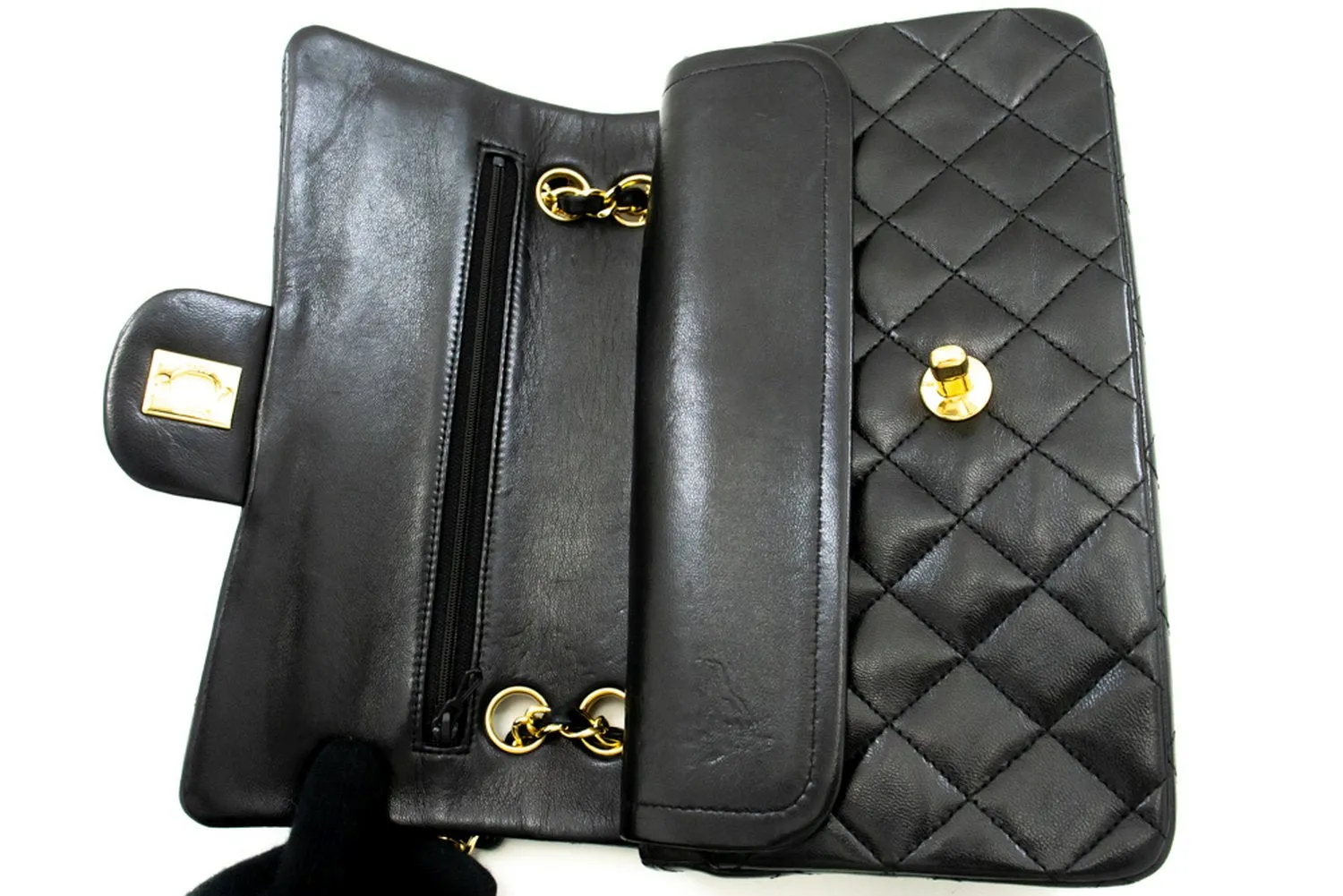 CHANEL Classic Double Flap 9" Chain Shoulder Bag Black Lambskin m85