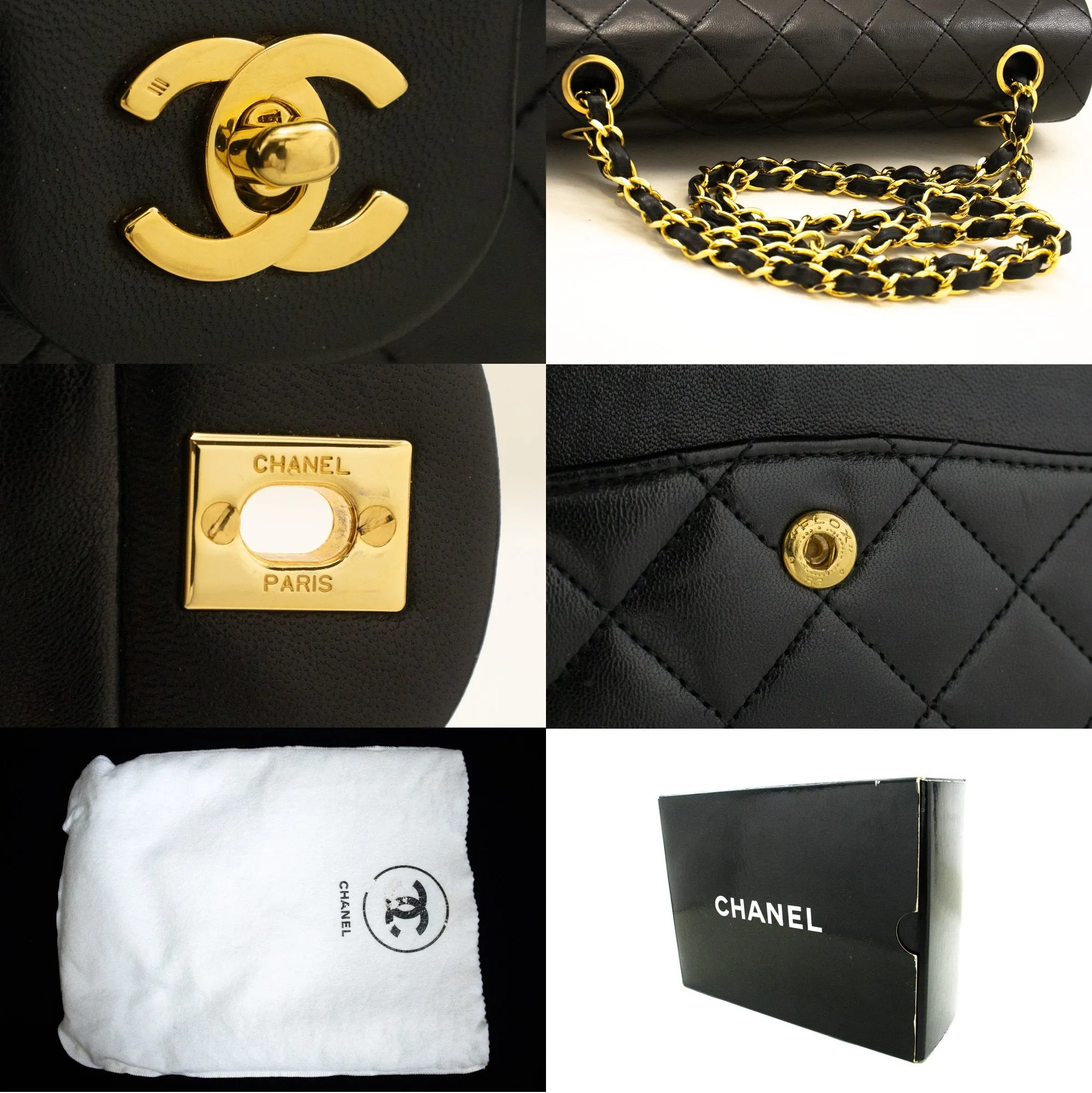 CHANEL Classic Double Flap 9" Chain Shoulder Bag Black Lambskin m85