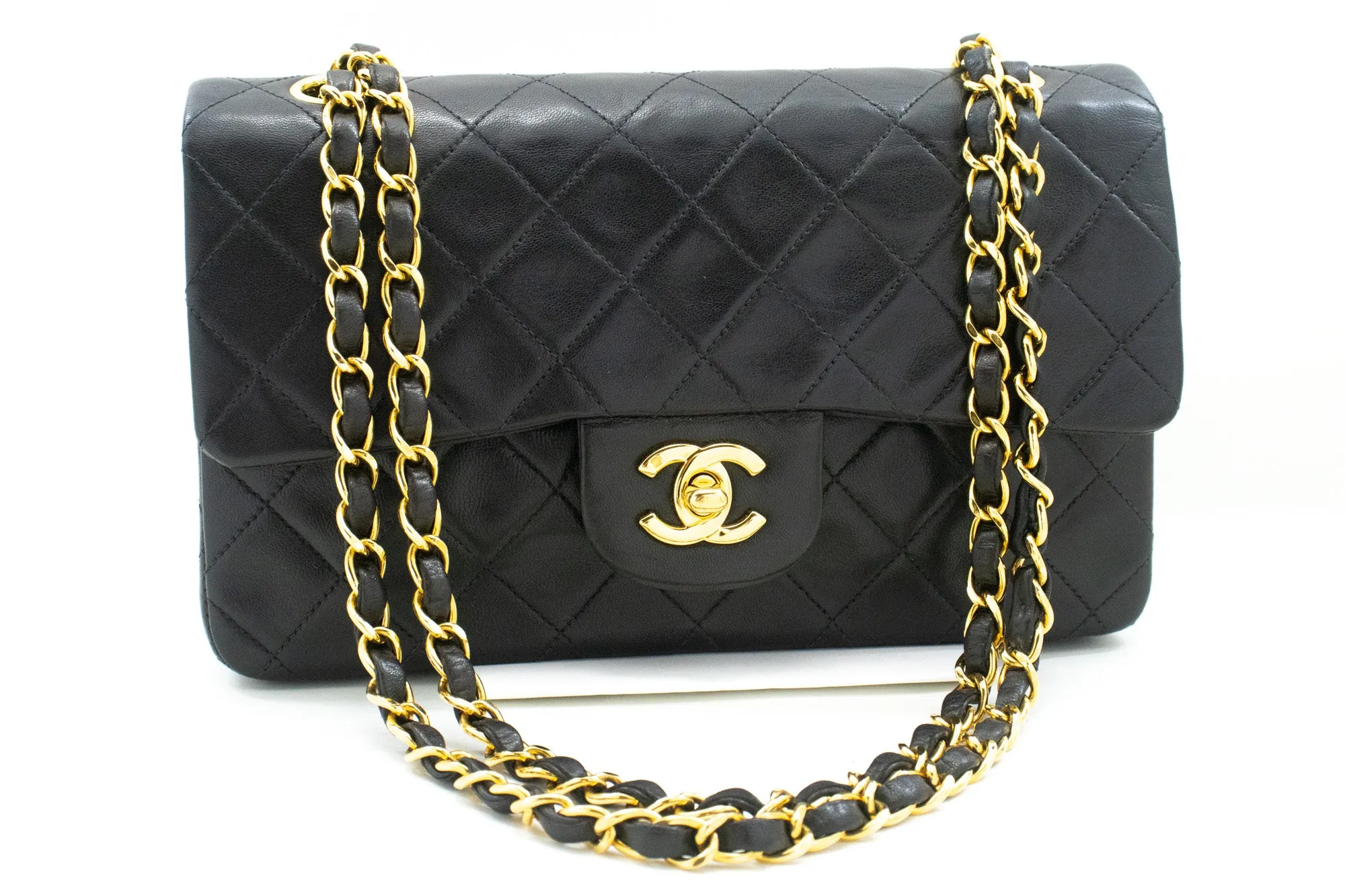 CHANEL Classic Double Flap 9" Chain Shoulder Bag Black Lambskin m86