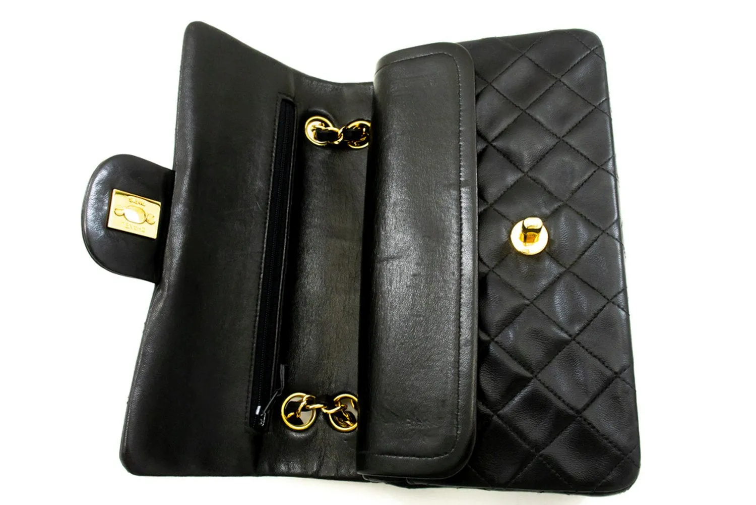 CHANEL Classic Double Flap 9" Chain Shoulder Bag Black Lambskin m86
