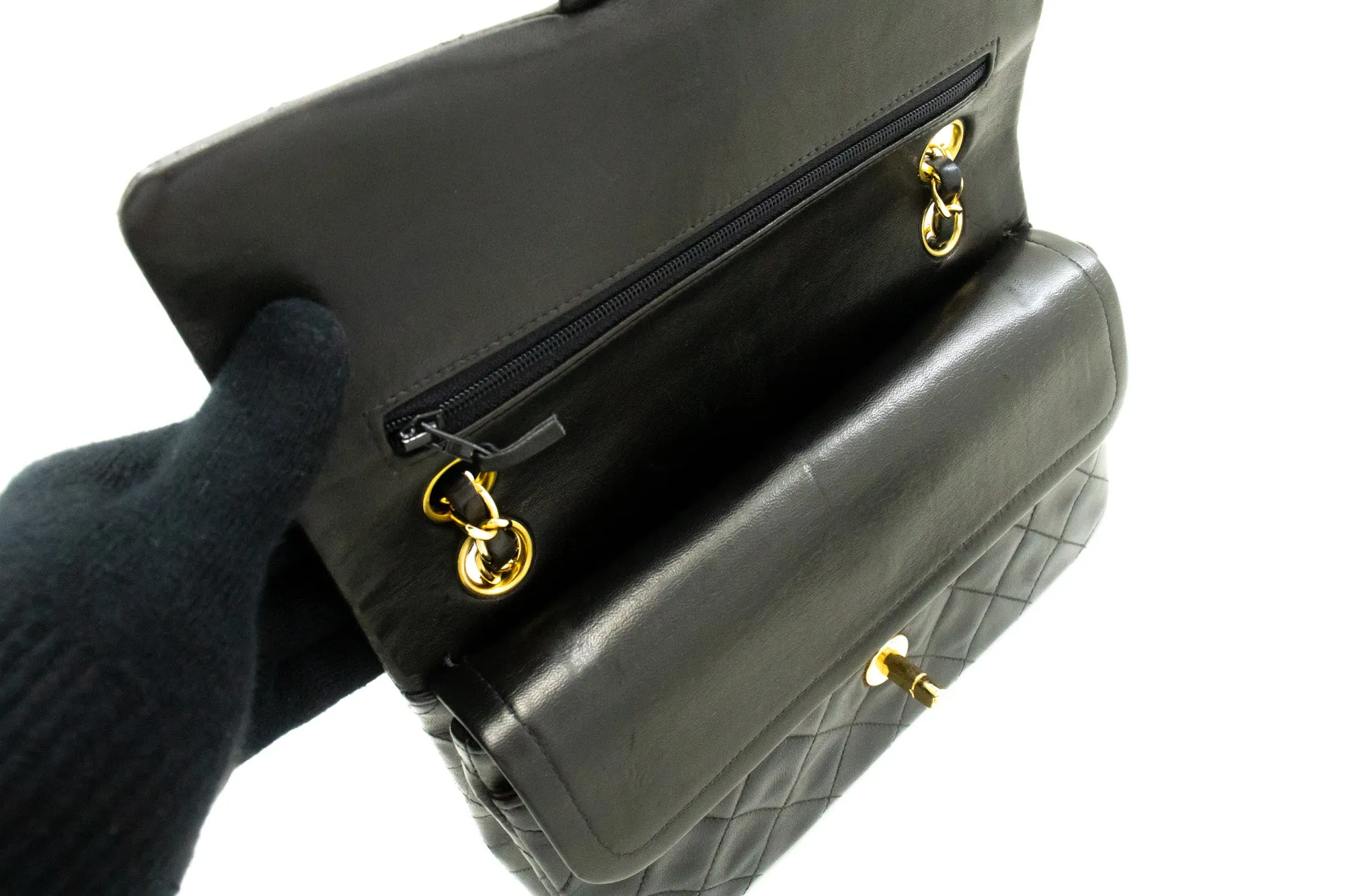 CHANEL Classic Double Flap 9" Chain Shoulder Bag Black Lambskin m86