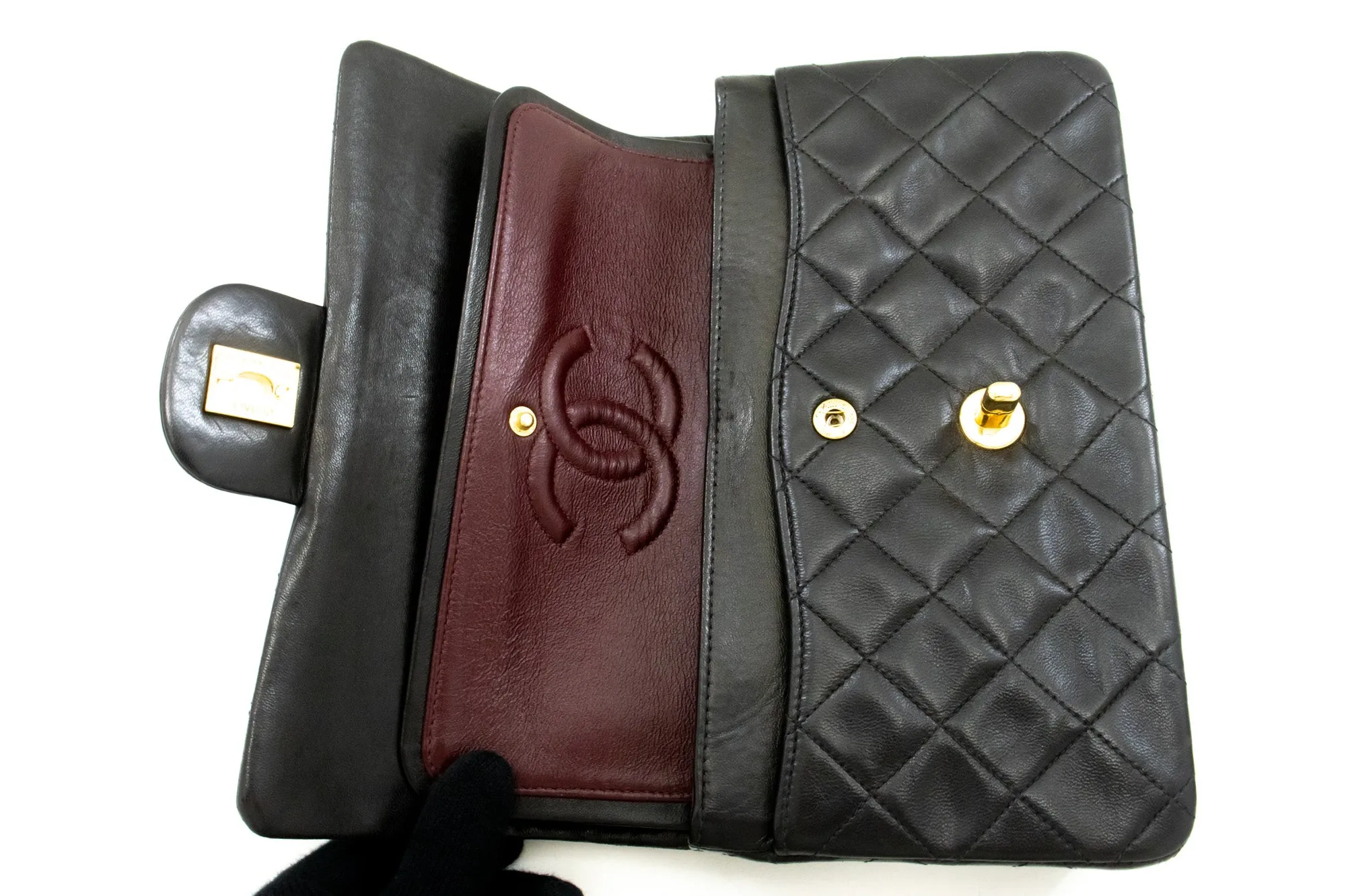 CHANEL Classic Double Flap 9" Chain Shoulder Bag Black Lambskin m86