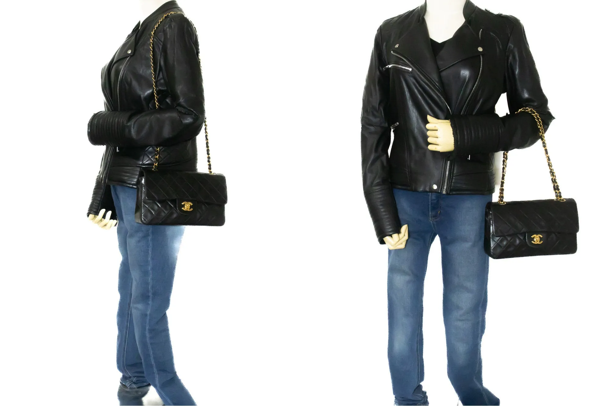 CHANEL Classic Double Flap 9" Chain Shoulder Bag Black Lambskin m86