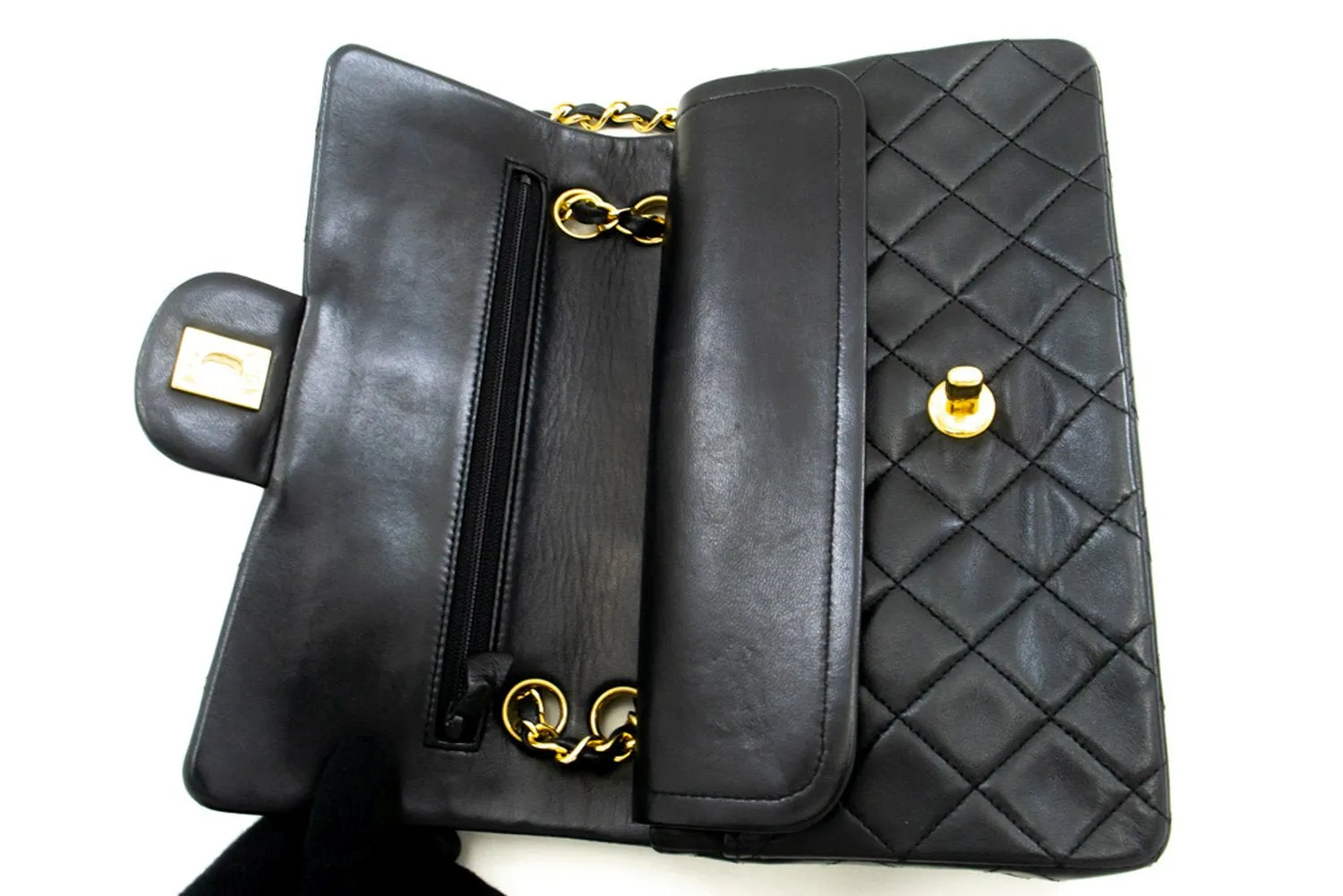 CHANEL Classic Double Flap 9" Chain Shoulder Bag Black Lambskin n24