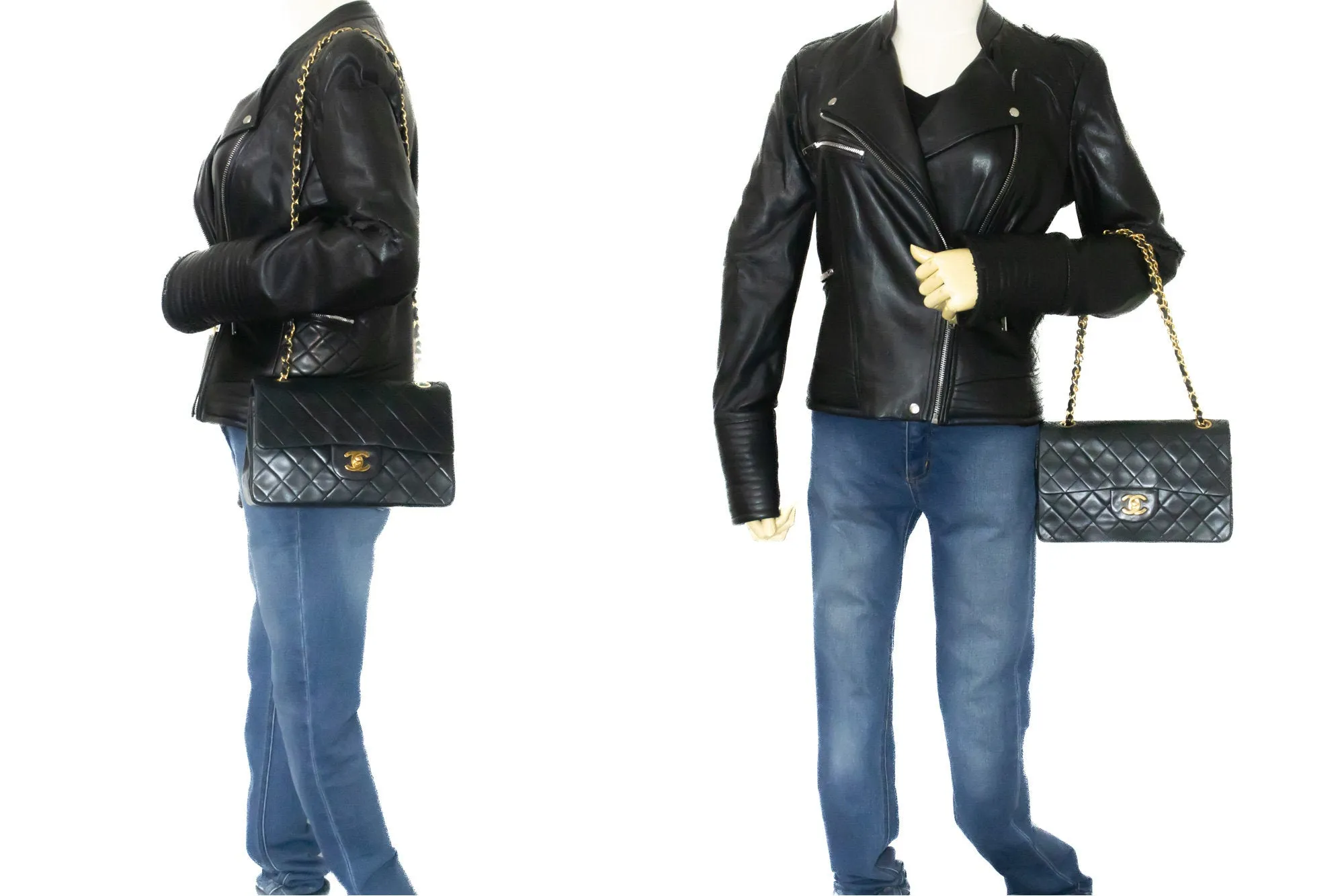CHANEL Classic Double Flap 9" Chain Shoulder Bag Black Lambskin n24
