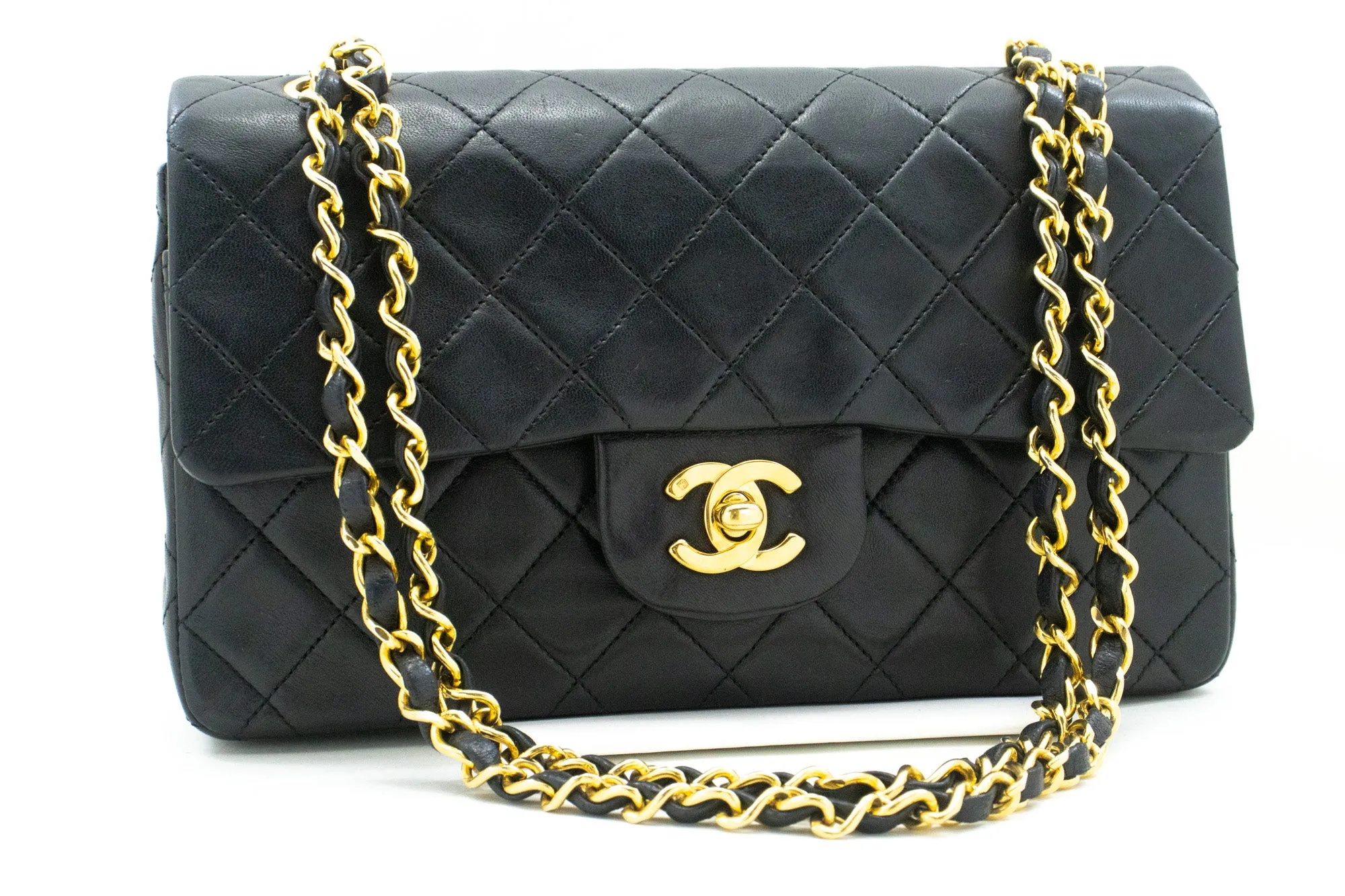 CHANEL Classic Double Flap 9" Chain Shoulder Bag Black Lambskin n24