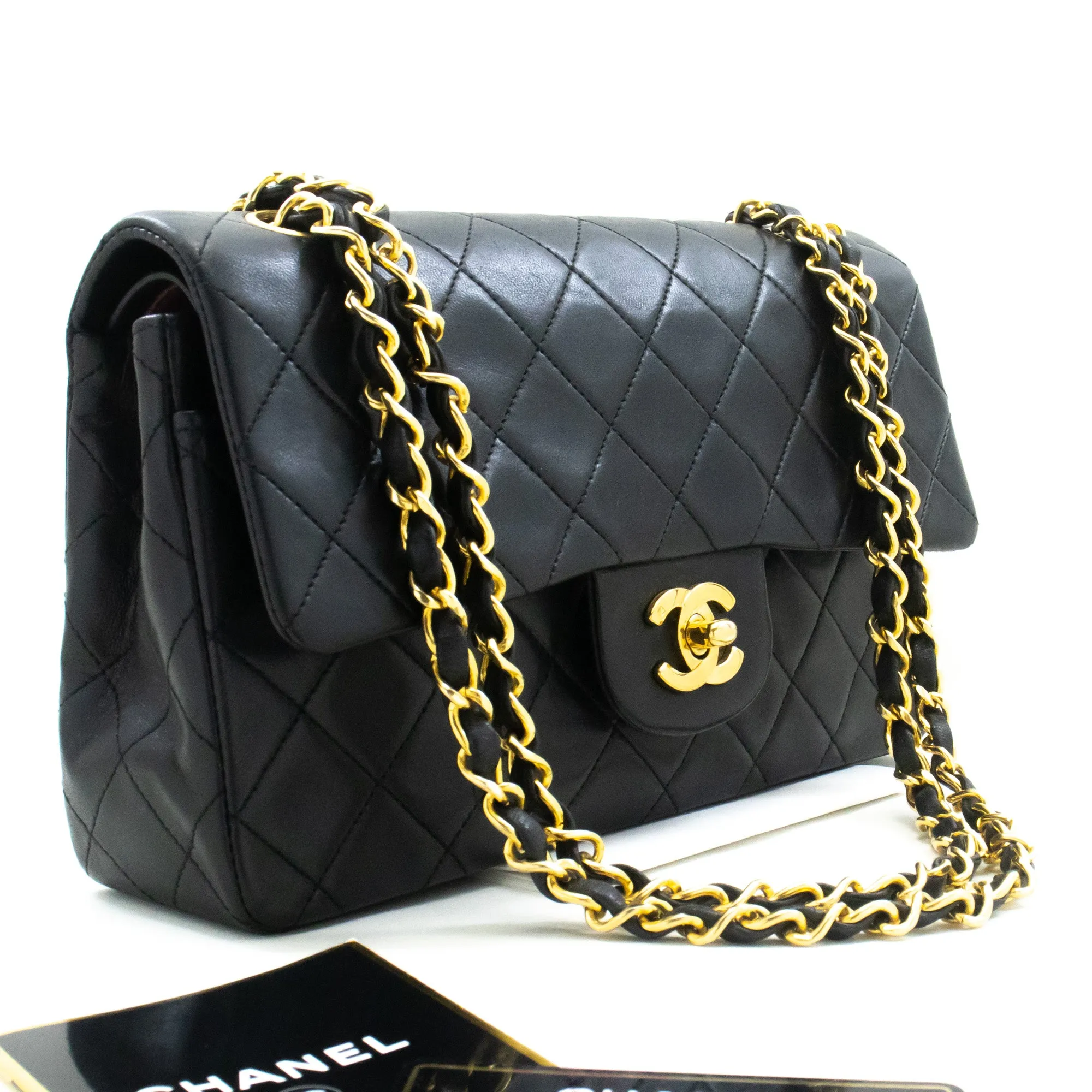 CHANEL Classic Double Flap 9" Chain Shoulder Bag Black Lambskin n24
