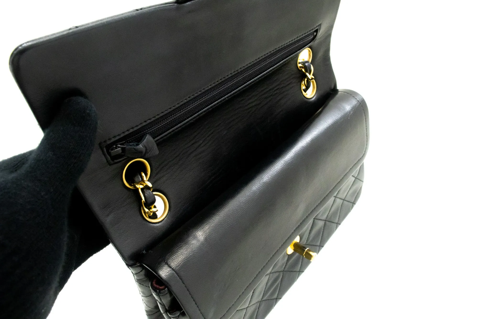 CHANEL Classic Double Flap 9" Chain Shoulder Bag Black Lambskin n24