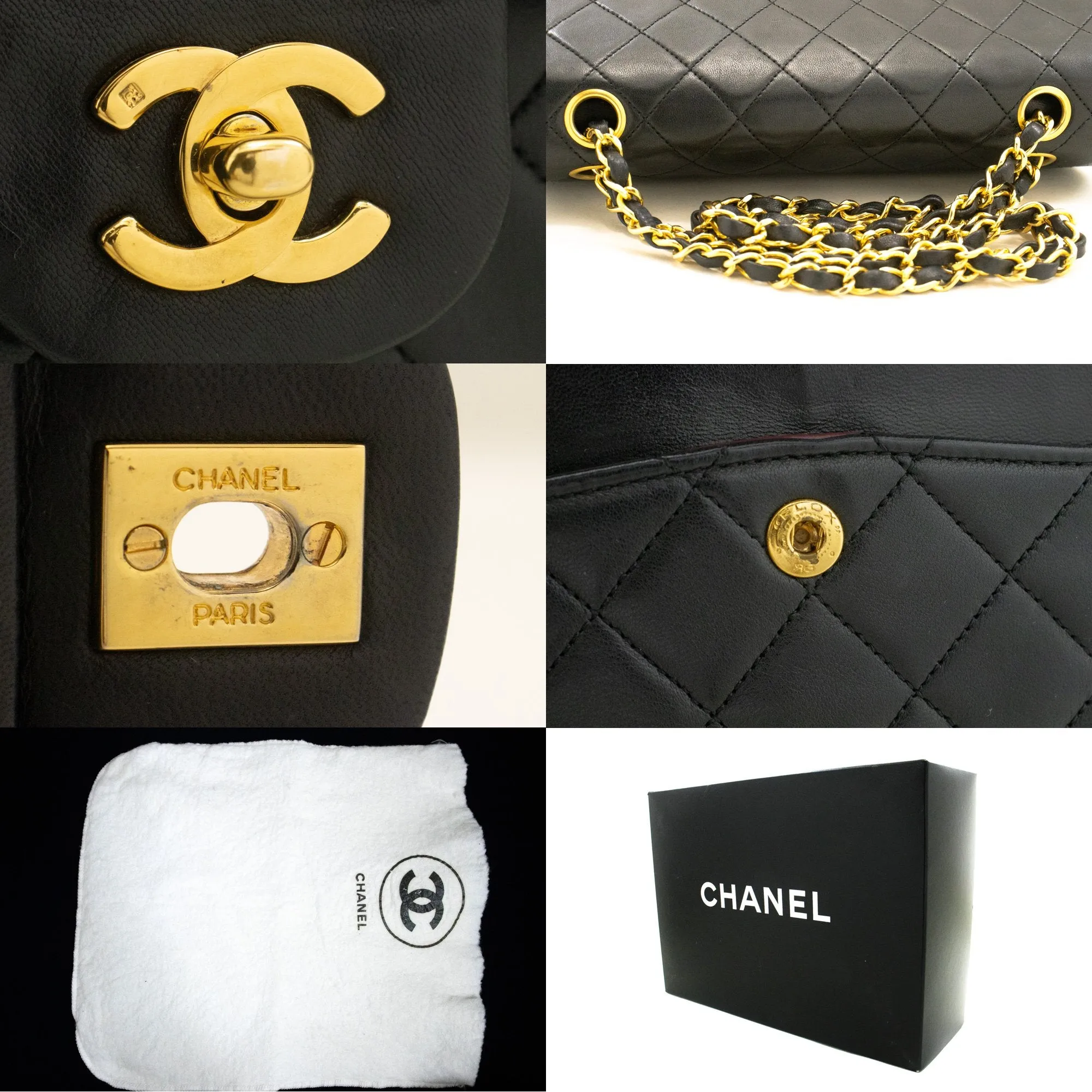 CHANEL Classic Double Flap 9" Chain Shoulder Bag Black Lambskin n24