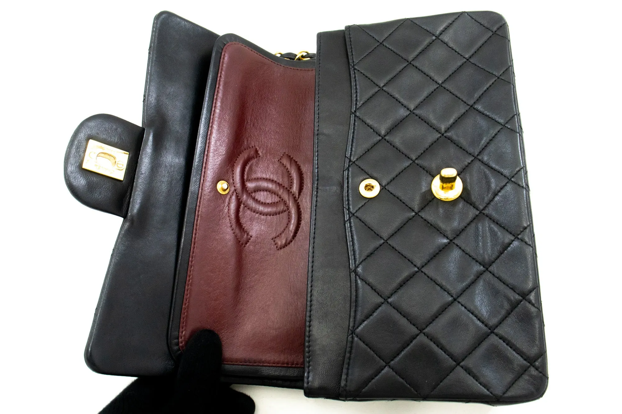 CHANEL Classic Double Flap 9" Chain Shoulder Bag Black Lambskin n24
