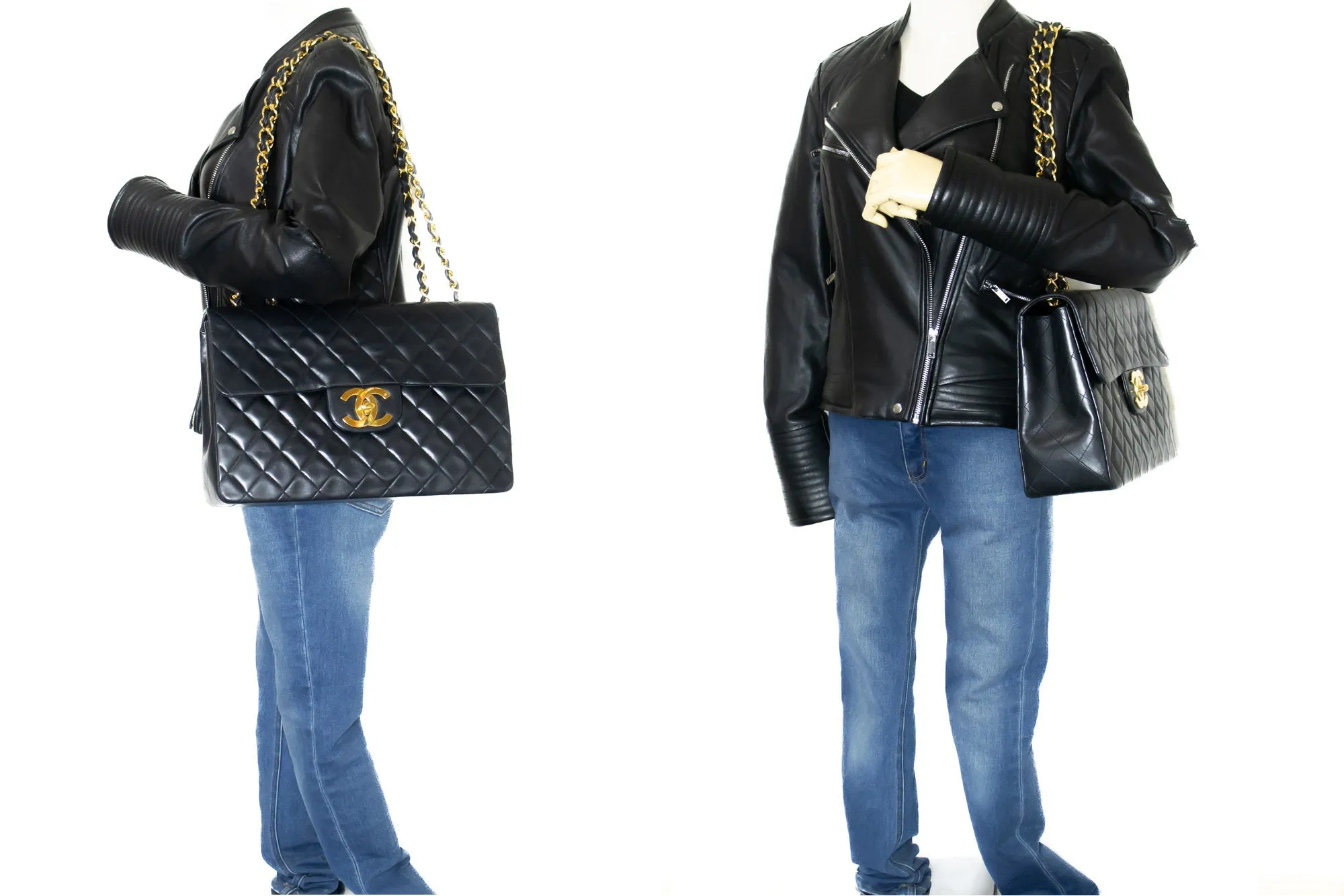 CHANEL Classic Large 13" Flap Chain Shoulder Bag Black Lambskin j74